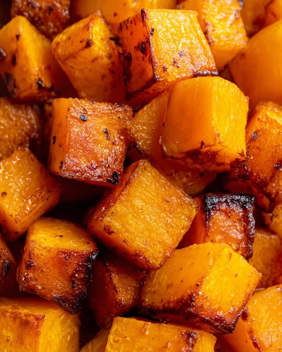 This image shows close-up cubed pieces of roasted butternut squash, each cube with a vibrant orange color and a slightly caramelized outer layer that has golden brown edges. The texture looks soft and moist, with some cubes showing crispy, darker browned spots where the roasting caramelized the sugars. The cubes are irregularly stacked on top of each other, filling the entire frame with their warm, inviting color and texture. The photo taken with an iphone --ar 4:5 --v 7
