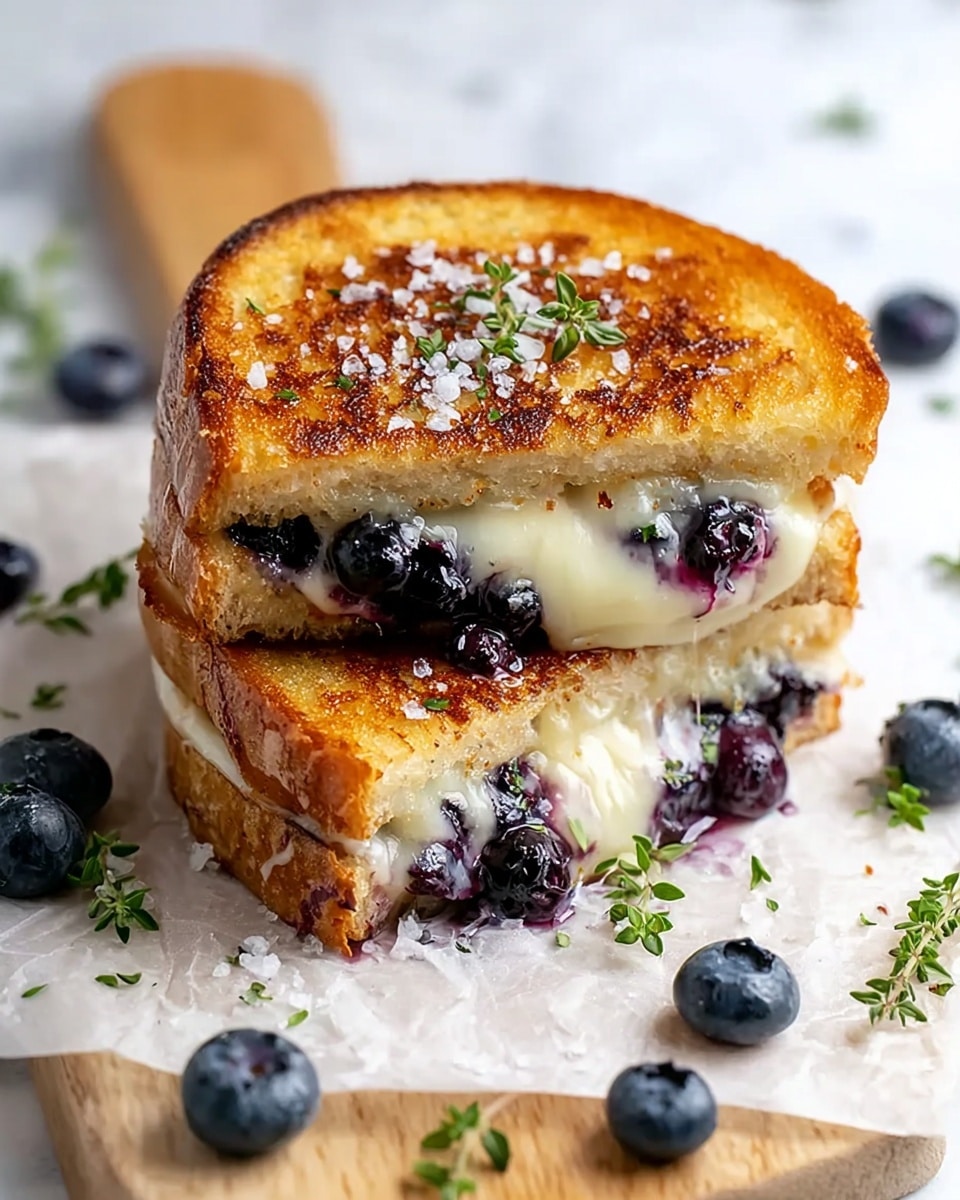 A toasted sandwich cut in half showing two slices of golden brown bread with a crispy texture on the outside. Inside, there is a melted creamy white cheese layer mixed with whole blueberries, which show a dark purple and blue color, slightly oozing out from between the bread slices. The sandwich is sprinkled with coarse salt crystals and small green herb leaves on top and around it. The sandwich rests on a white parchment paper placed over a light wooden board with scattered blueberries and herb sprigs around it. The background is a white marbled texture. Photo taken with an iphone --ar 4:5 --v 7