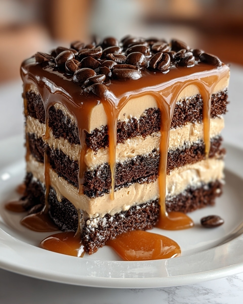 A close-up of a four-layer dessert slice on a white plate, placed on a white marbled surface, showing three thick layers of dark brown cake separated by two creamy light brown peanut butter-colored filling layers, with a glossy caramel sauce layer dripping over the top and sides. The top of the dessert is covered in shiny caramel sauce and decorated with whole dark coffee beans. Some caramel sauce has pooled on the plate around the dessert. Photo taken with an iphone --ar 4:5 --v 7