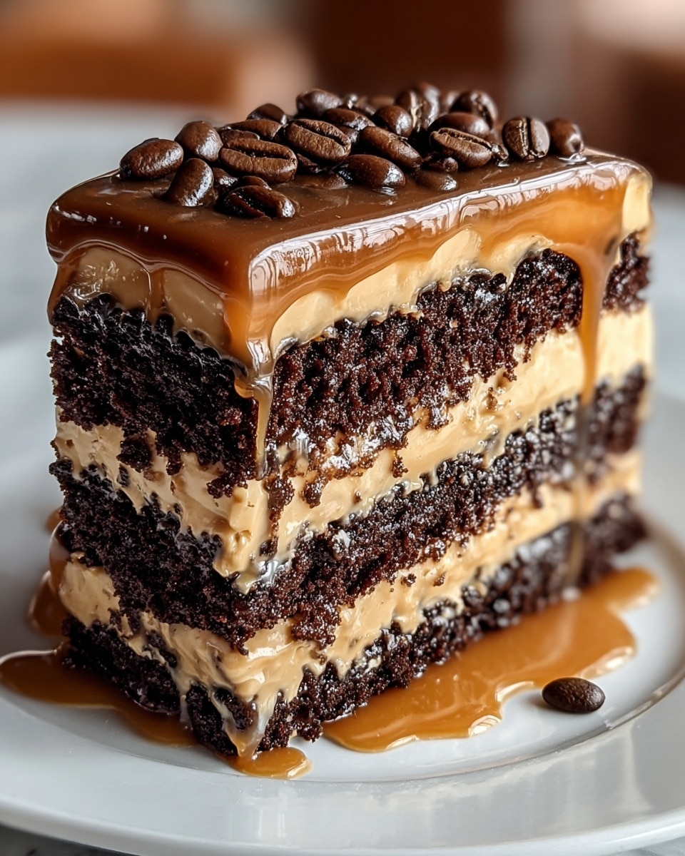 A close-up view of a three-layer chocolate cake slice on a white plate, each layer separated by a thick creamy coffee-colored filling. The top layer is covered with a glossy, caramel-like sauce that drips over the side, with whole shiny dark brown coffee beans scattered on top. The cake layers look moist and dark brown with a crumbly texture. Some caramel sauce is pooled on the plate around the base of the cake. The background shows a soft white marbled texture with warm blurred tones. photo taken with an iphone --ar 4:5 --v 7
