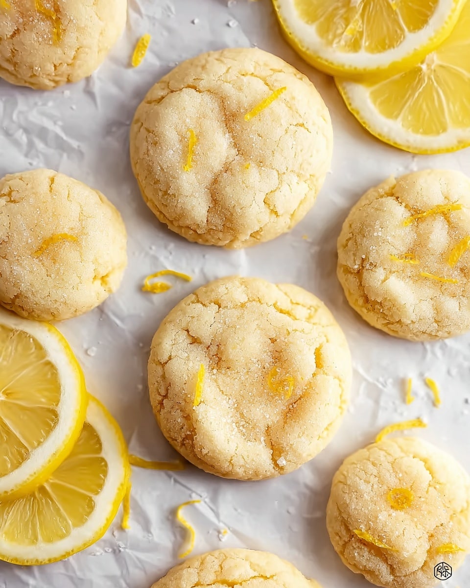 The image shows several soft, round lemon cookies with a light golden color and slightly cracked tops, sprinkled with small sugar crystals and thin lemon zest strands on them. The cookies are placed on a white parchment sheet over a white marbled surface. Near the center, three thin lemon slices, bright yellow with visible segments, add a fresh touch to the arrangement. The overall look is light, fresh, and inviting, with the cookies spread casually. Photo taken with an iphone --ar 4:5 --v 7