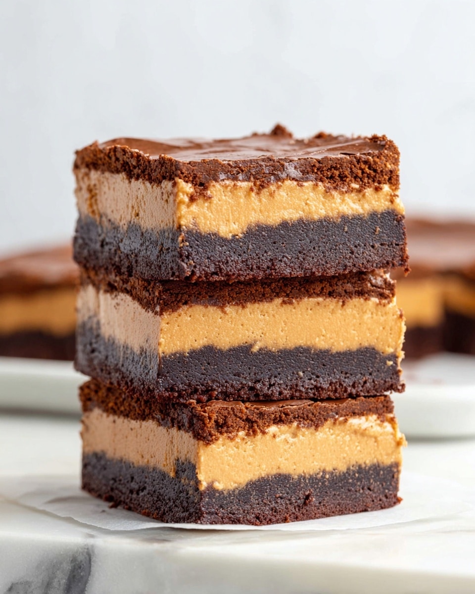 A close-up photo shows three stacked bars with three visible layers each: the bottom and top layers are thick, dark brown and fudgy with a soft texture, while the middle layer is a thick, creamy light brown peanut butter layer with a slightly crumbly texture. The edges of the bars are slightly rough, and the top layer has a thin crackly crust. The bars are placed on a white marbled surface with a blurred white background. photo taken with an iphone --ar 4:5 --v 7
