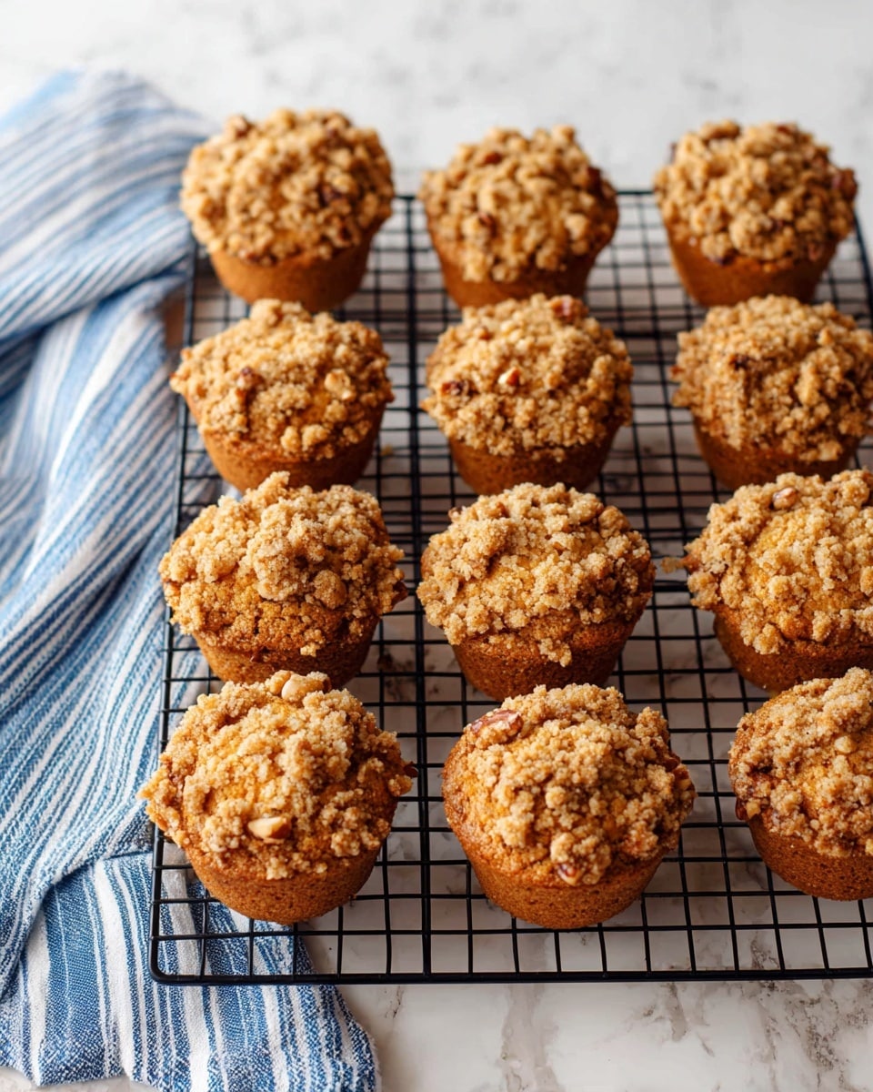 Twelve muffins with a golden brown base layer topped with a crumbly light brown streusel layer filled with small nut pieces are arranged on a black wire cooling rack. The muffins have a rough, bumpy texture on top from the streusel and nuts. The rack is placed on a white marbled surface with a blue and white striped cloth partially visible on the left side. Photo taken with an iphone --ar 4:5 --v 7