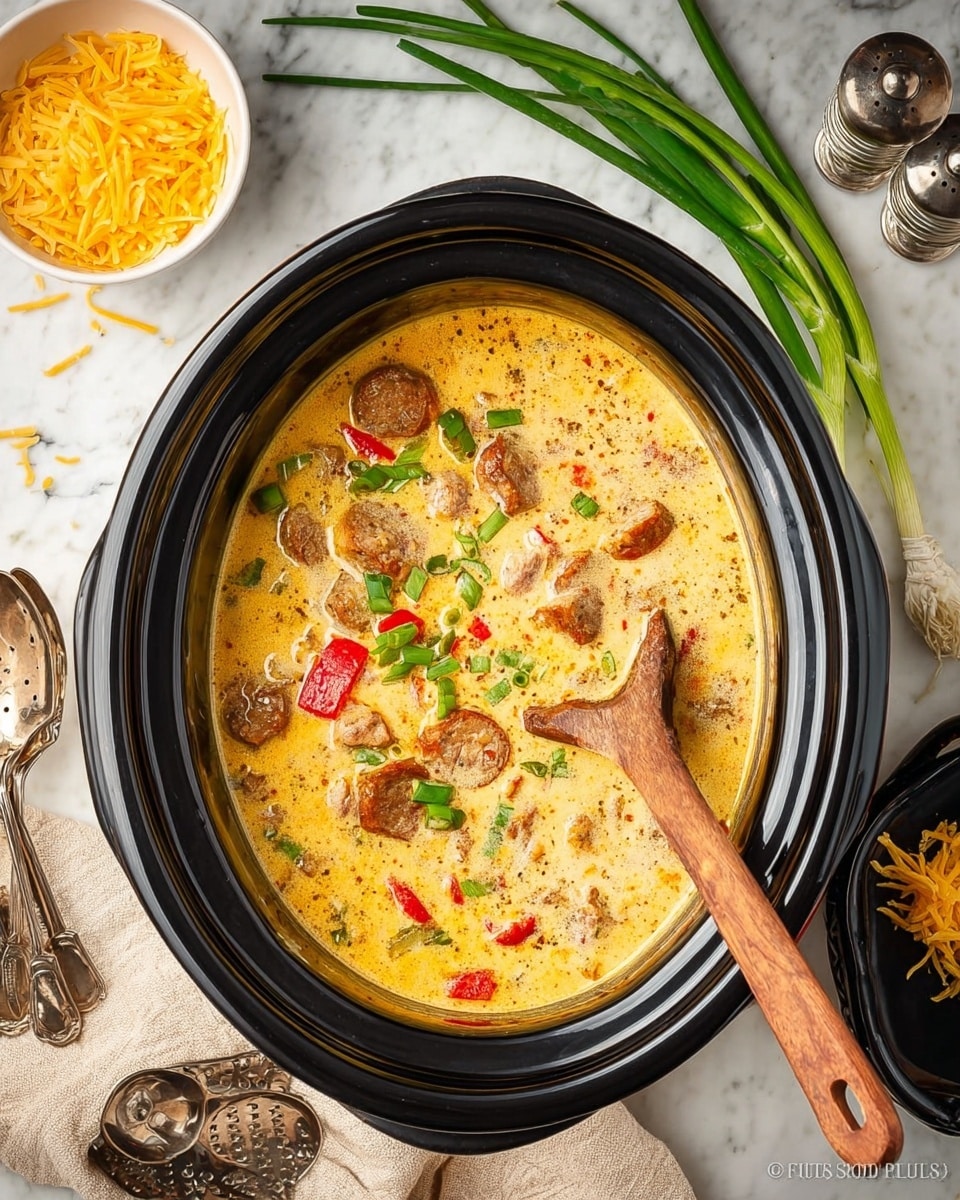 The image shows a black slow cooker filled with a creamy yellow soup that has pieces of browned sausage, red bell peppers, and green onions scattered on top. The soup surface has a frothy texture with bits of seasoning. A wooden spoon with a smooth handle rests inside the slow cooker on the right side. Around the cooker on a white marbled surface are green onion stalks, salt and pepper shakers, a beige cloth, a white bowl with shredded yellow cheese and a grater, and a black dish holding two vintage silver spoons. The overall look is warm and inviting. photo taken with an iphone --ar 4:5 --v 7