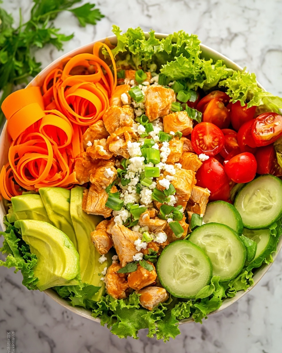A white bowl filled with a colorful layered salad sits on a white marbled texture. The base layer is bright green curly lettuce leaves lining the bowl's edge. Orange spiral carrot ribbons rest on the left side, while sliced green avocado sits nearby. Bright red cherry tomatoes, some whole and some cut in halves showing shiny seeds, add color near the top. Light green cucumber slices with darker green edges and white seeds are stacked on the right side. In the center, pieces of orange-brown cooked chicken topped with crumbles of white cheese and chopped green onions form a hearty middle layer. Fresh green parsley leaves are scattered on top, adding a fresh touch. Photo taken with an iphone --ar 4:5 --v 7