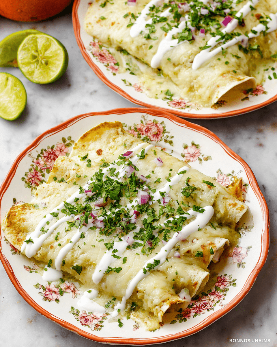 Two white plates with floral patterns hold green enchiladas covered with melted pale yellow cheese and white sour cream drizzle. The enchiladas are sprinkled with chopped fresh green cilantro and small pieces of red onion. Each enchilada has a soft, slightly browned texture, filled and rolled, placed side by side to form a neat row. The plates are placed on a white marbled surface with two lime wedges on the side for garnish. Photo taken with an iphone --ar 4:5 --v 7