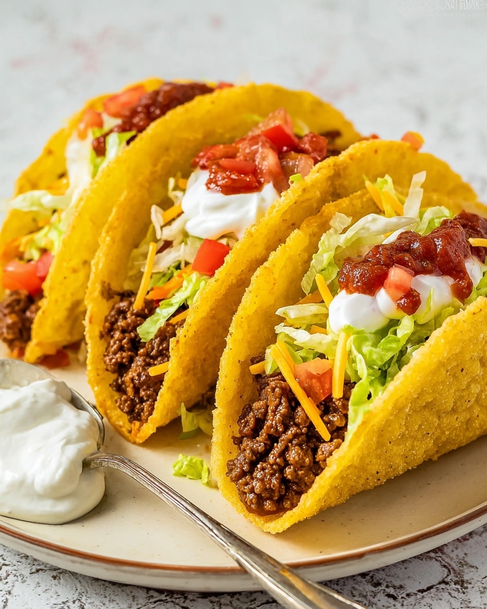 Three crispy, golden-yellow taco shells stand upright on a white plate with a white marbled texture background. Each shell is filled with a bottom layer of ground beef in dark brown, followed by bright green shredded lettuce. Over the lettuce are small, diced red tomatoes and shredded cheese in a mix of pale yellow and orange. On top of the fillings, there are dollops of rich, dark red salsa and white sour cream. A silver spoon with sour cream rests beside the tacos on the plate. Photo taken with an iphone --ar 4:5 --v 7