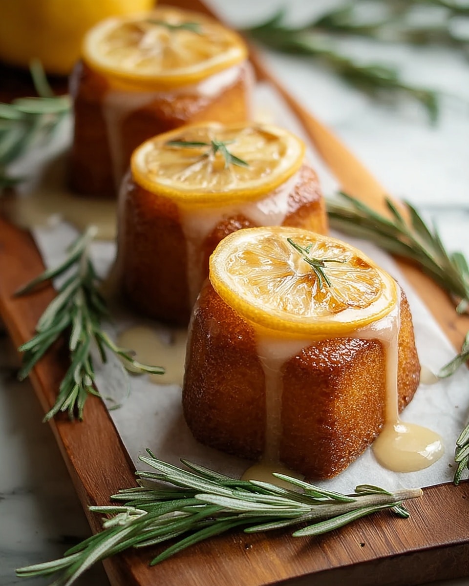 The image shows three small golden brown cakes with a shiny glaze, each topped with a thin, translucent lemon slice, sitting in a row on a white parchment paper. The cakes have a smooth texture on the sides and a slightly crisp look on top where the glaze drips down the edges. The cakes rest on a wooden board with fresh green rosemary sprigs placed around them. The background features a white marbled texture, adding a clean and bright feel to the scene. photo taken with an iphone --ar 4:5 --v 7