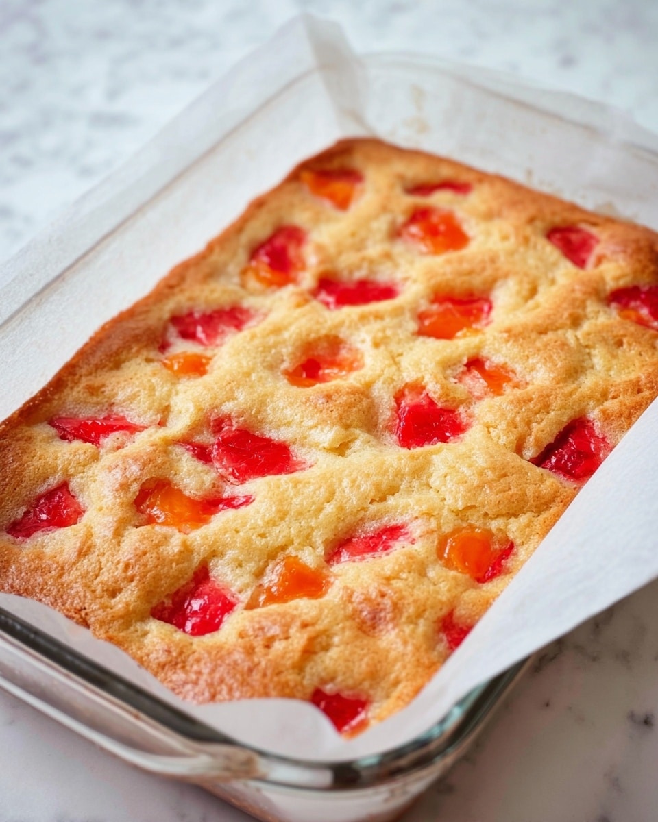A glass baking dish lined with white parchment paper holds a freshly baked golden brown cake with a slightly rough texture on top. The surface is dotted with uneven chunks of bright red and orange fruit pieces that are slightly sunken into the cake, adding spots of vibrant color. The cake has an irregular, rustic appearance with soft edges near the parchment, all set against a white marbled surface background. photo taken with an iphone --ar 4:5 --v 7