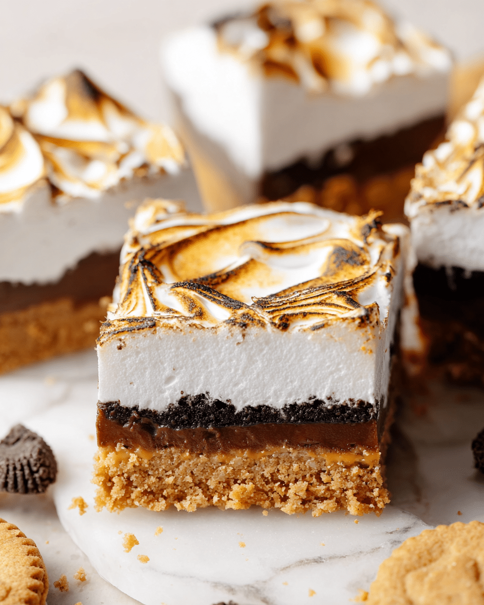 The image shows close-up of square dessert bars with three clear layers: the bottom layer is a crumbly golden crust, the middle layer is a dark, rich chocolate filling, and the top layer is a thick, fluffy white marshmallow-like topping with parts toasted golden brown in a swirled pattern. The bars are placed on a surface with white marbled texture, with some chocolate chips and a cookie visible around the edges. The texture of the crust looks crumbly, the chocolate layer appears dense and moist, and the marshmallow top is smooth except where it is toasted with a slight caramelized touch. photo taken with an iphone --ar 4:5 --v 7