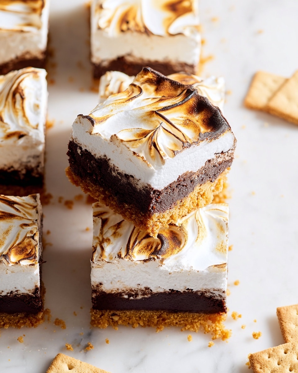 The image shows slices of a layered dessert arranged on a white marbled surface. Each slice has three layers: the bottom layer is a golden brown crumbly crust, the middle layer is a dense dark brown chocolate brownie, and the top layer is thick, white, and fluffy marshmallow cream with toasted golden brown swirls and peaks. One slice is held up slightly above the others, showing the clean edges and clearly visible layers. Crumbs and a few pieces of biscuits are scattered around the dessert on the surface. Photo taken with an iphone --ar 4:5 --v 7