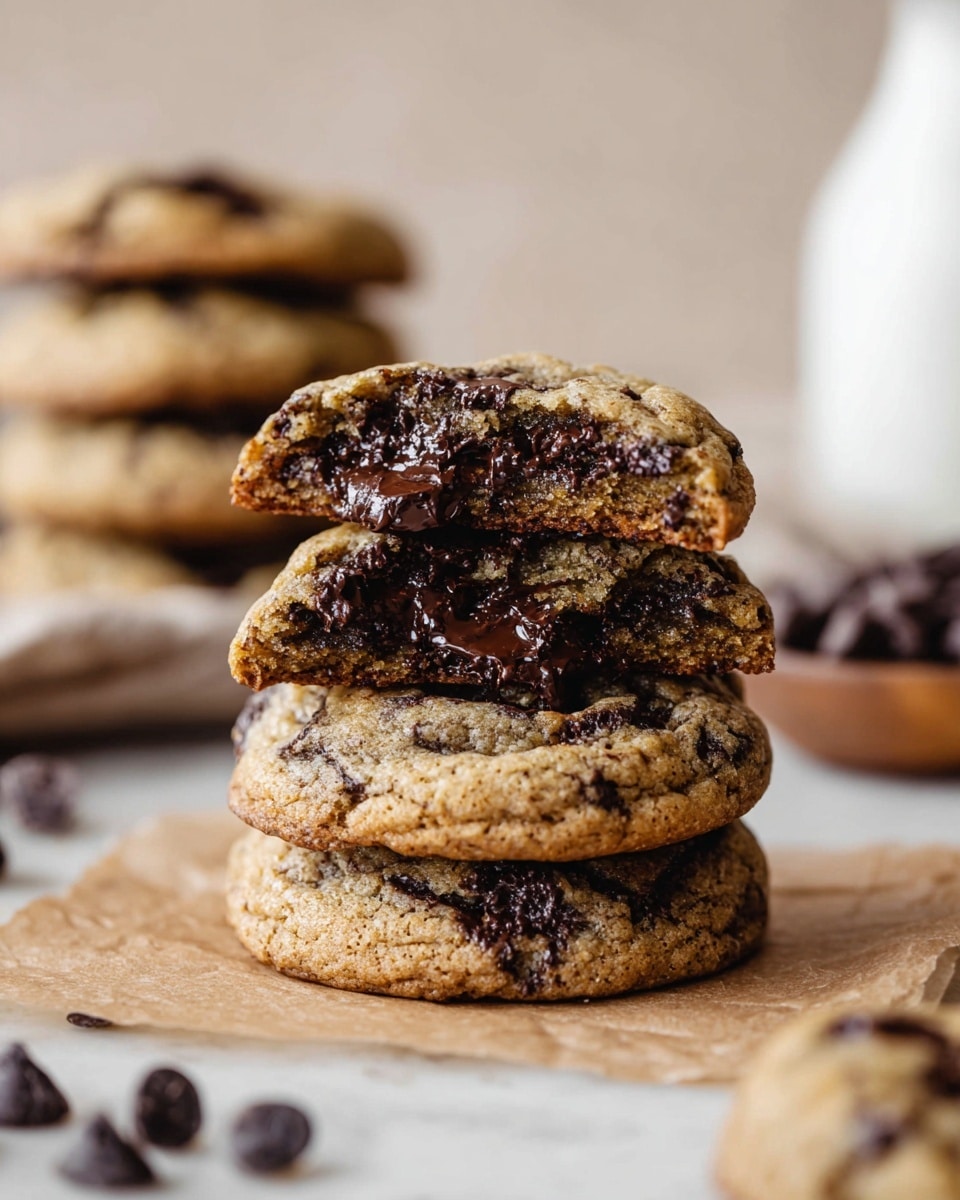 A stack of thick, soft chocolate chip cookies sits on a beige parchment on a white marbled texture surface, with the top cookie broken in half and stacked to show gooey, melted dark chocolate inside. The cookies have a golden brown color with dark chocolate chips scattered across their slightly bumpy and chewy texture. In the background, there are more stacks of cookies and a white container. Some loose chocolate chips are scattered around the base of the stack. photo taken with an iphone --ar 4:5 --v 7
