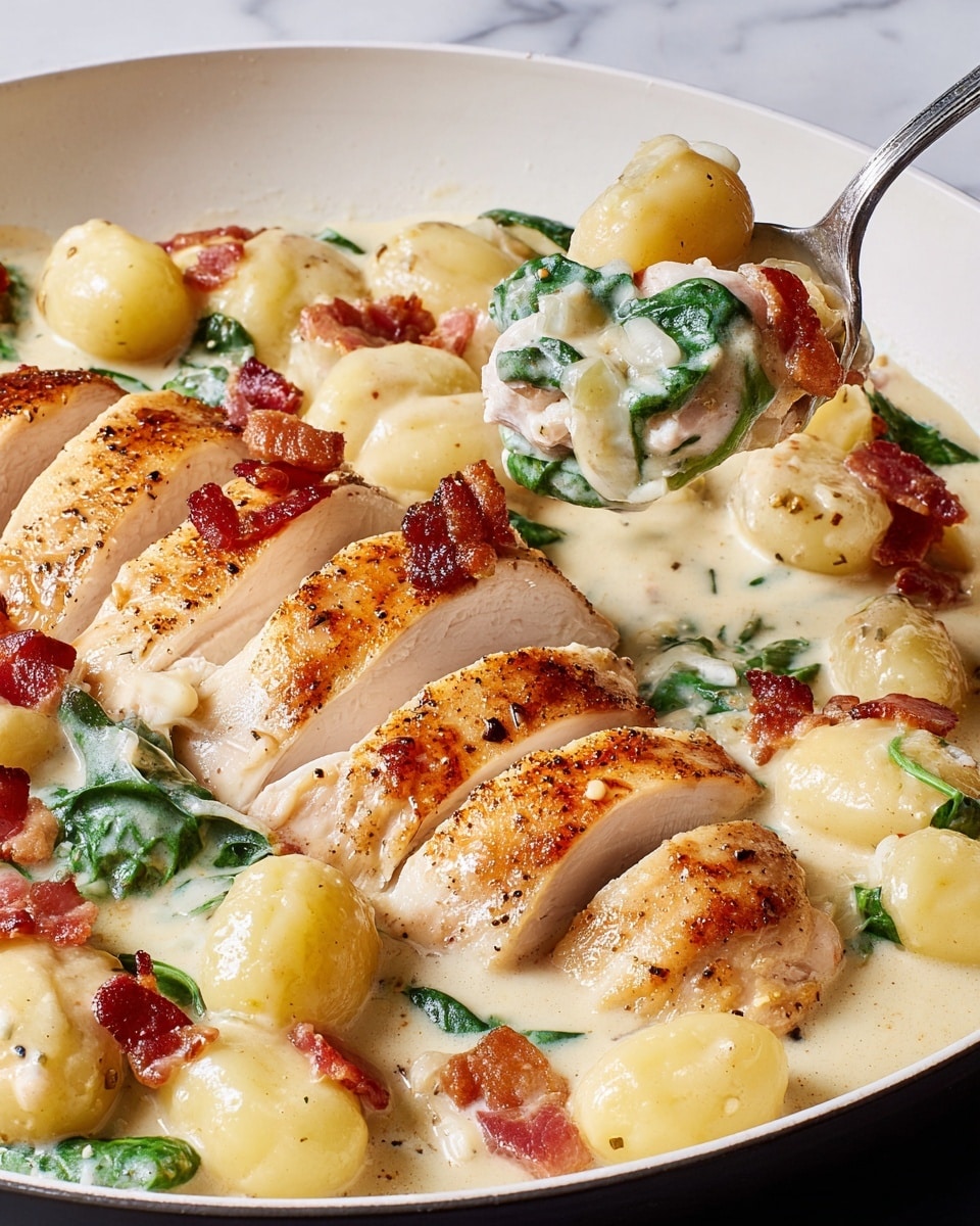 The dish shows sliced cooked chicken breast with a golden brown outside and white inside, arranged in two sections on a white pan. Scattered around the chicken are smooth, pale yellow gnocchi pieces and small bits of crispy reddish-brown bacon. Fresh green spinach leaves are mixed into a creamy, thick white sauce that coats the chicken and gnocchi. A spoon lifts a portion showing a slice of chicken, some gnocchi, a spinach leaf, and a piece of bacon covered in sauce. The background is a white marbled texture. Photo taken with an iphone --ar 4:5 --v 7