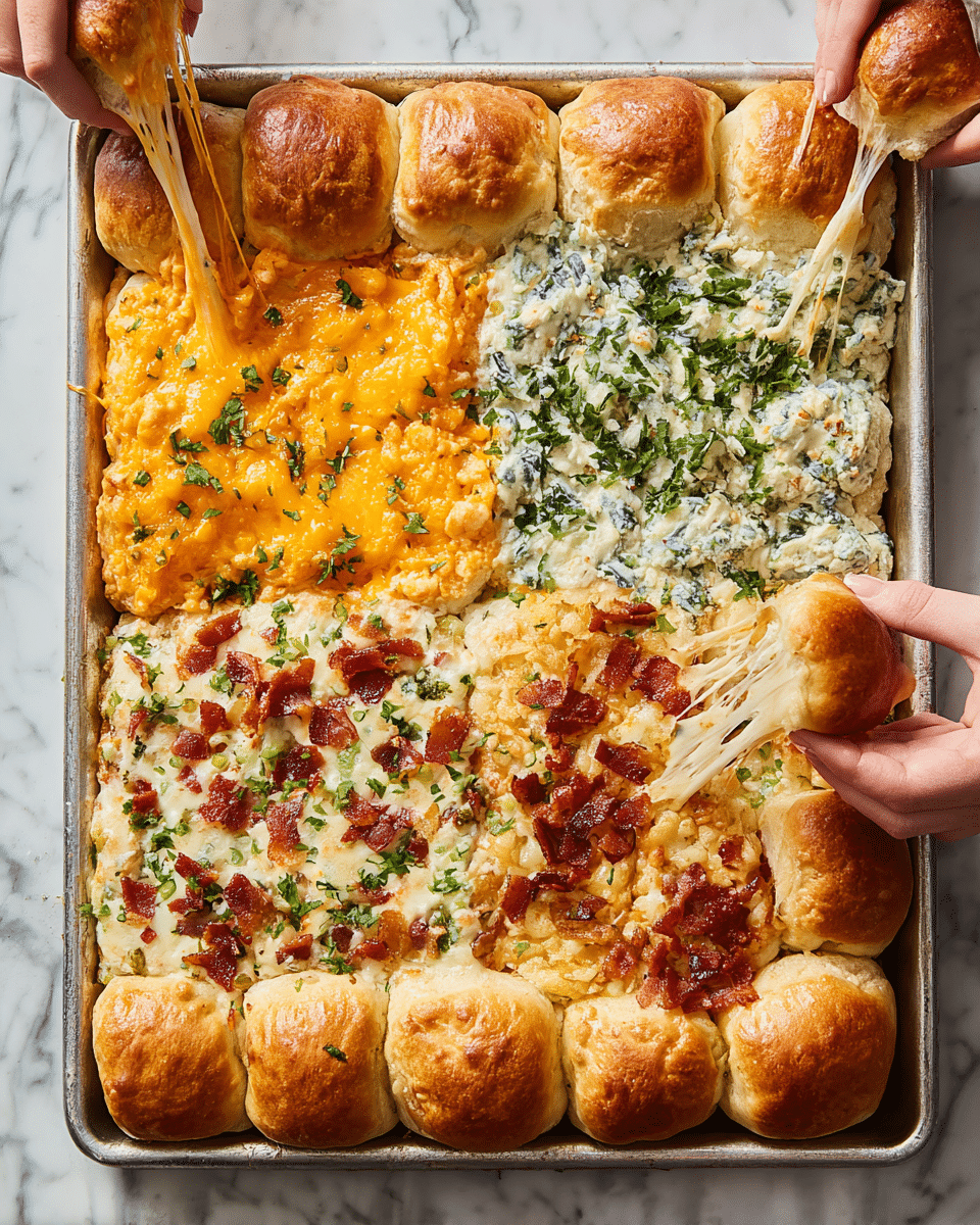 A large metal baking tray filled with square baked rolls forming a border around four different dip sections. The top left section has a thick bright orange layer with melted cheddar cheese strands and chopped green herbs scattered on top. The top right section features a white creamy layer mixed with spinach leaves and sprinkled with fresh green herbs. The bottom left section shows a white cheese base topped with melted cheese, red pepper slices, and fresh green basil leaves. The bottom right section has a lighter orange layer mixed with melted cheese and crispy bacon pieces. Two woman's hands are pulling apart the soft, golden brown rolls at opposite corners, stretching melted cheese strands between the bread pieces. The tray sits on a white marbled surface. Photo taken with an iphone --ar 4:5 --v 7