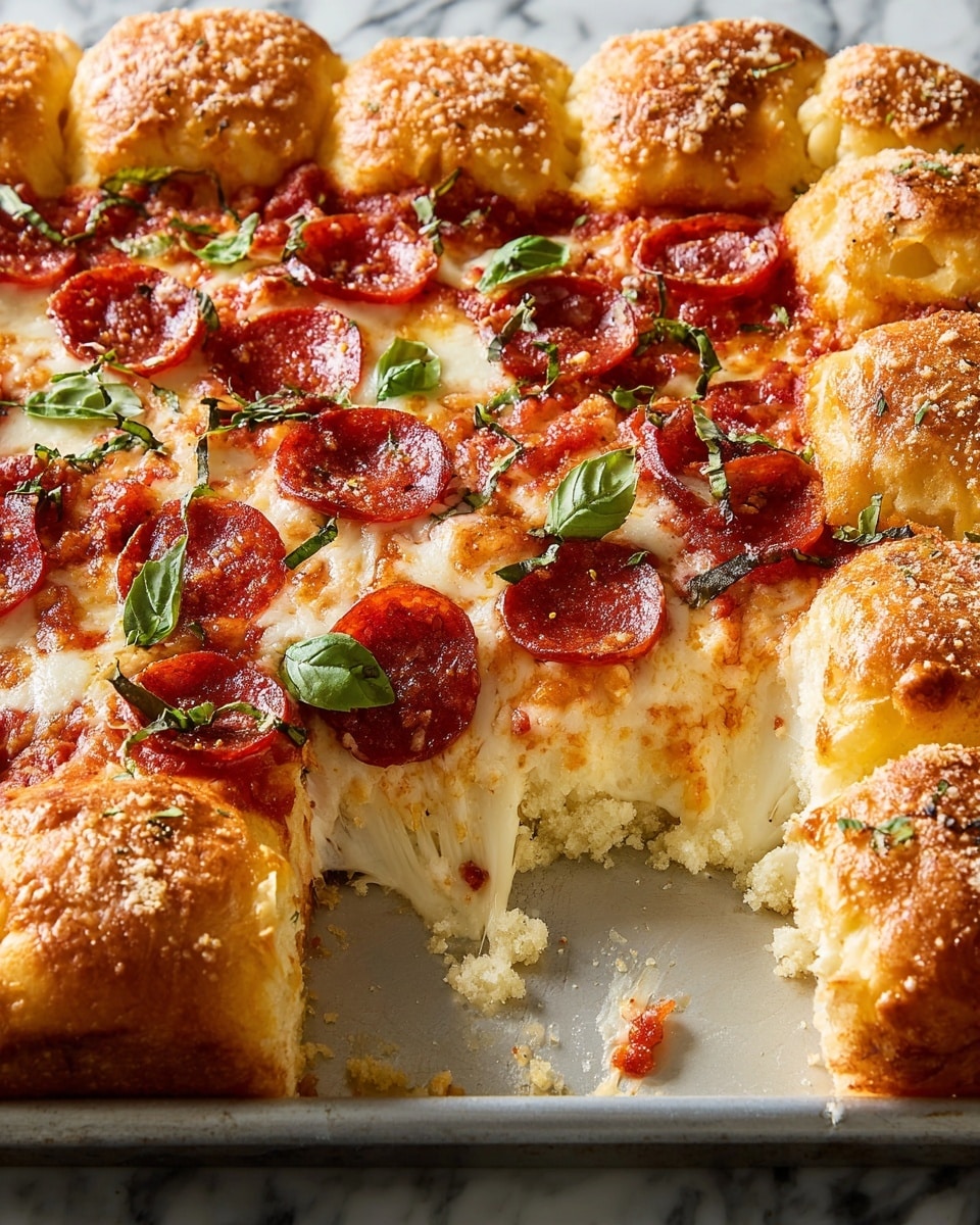 A thick square pizza with a golden, fluffy bread crust forming a thick outer layer, each crust piece slightly rounded and sprinkled with a light dusting of seasoning, surrounds the main pizza layer which has melted mozzarella cheese melted over a rich red tomato sauce, topped with small, round, reddish pepperoni slices evenly spread across the surface. Fresh green basil leaves and small herb bits are scattered on top of the cheese and pepperoni. One slice is missing, showing the creamy white cheese layer under the sauce and cheese, stretching out slightly. The pizza rests on a white marbled surface. Photo taken with an iphone --ar 4:5 --v 7