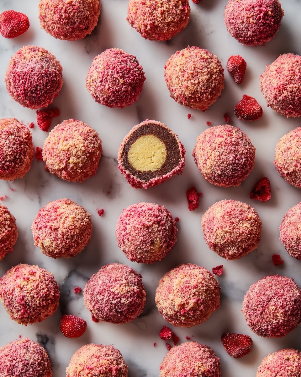 The image shows forty-eight round truffles arranged in neat rows on a white marbled surface. Each truffle is covered with a crumbly layer of pink and red crumbs giving a coarse texture. One truffle is cut open, revealing three layers: the outer crumbly pink-red coating, a light yellow creamy middle layer, and a darker brown inner filling at the center. Around the truffles, there are scattered pieces of freeze-dried strawberries, bright red in color and slightly crispy in texture, along with some parts of yellow sandwich cookies, which are broken and placed randomly. The overall color palette is a mix of soft pinks, reds, and yellows on the white marbled background. photo taken with an iphone --ar 4:5 --v 7