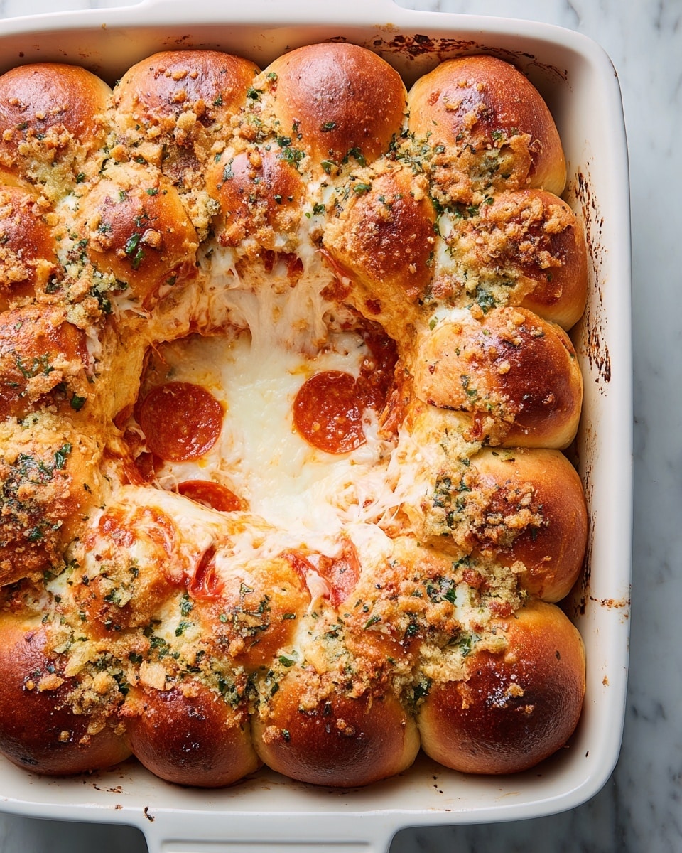 A white rectangular baking dish filled with a ring of golden-brown, soft, and fluffy bread rolls, each topped with bits of green herbs and garlic crumbs. Inside the ring is a center of stretchy melted white cheese mixed with red pepperoni slices and tangy red tomato sauce, creating a gooey and rich filling. The bread rolls look slightly crispy on top with darker toasted spots. The dish sits on a white marbled surface. photo taken with an iphone --ar 4:5 --v 7