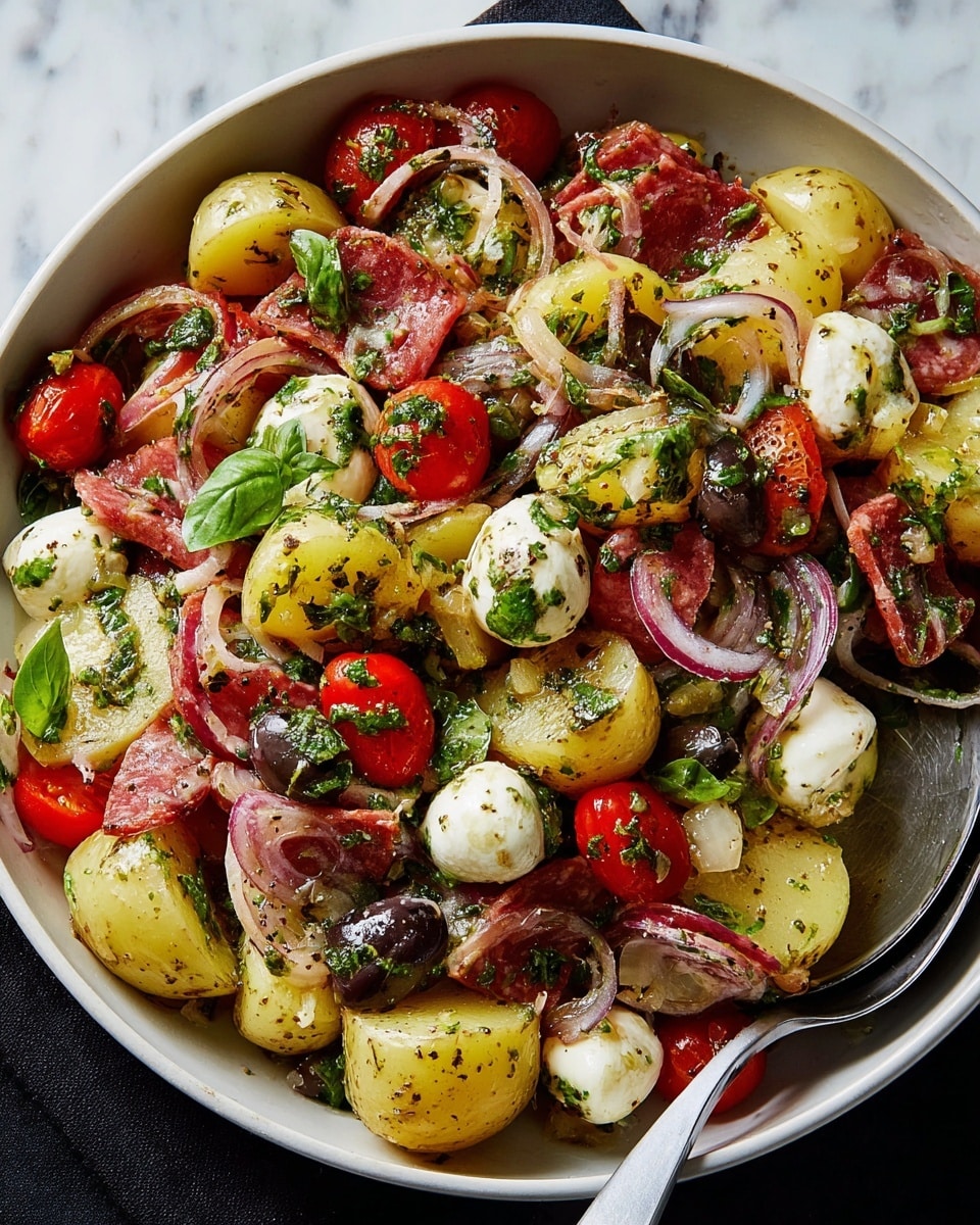 A mix of halved yellow baby potatoes with bright yellow skin and white soft insides sits as the base layer, dotted with fresh green herbs. Layered above are thin slices of red onion, soft white mozzarella balls cut in half, and pieces of reddish salami with white fat marbling. Bright red cherry tomato halves add pops of color along with dark brown sliced olives. The whole dish is sprinkled with green parsley and fresh basil leaves, all lightly coated with a glossy herb dressing. The salad is served in a large white bowl sitting on a white marbled surface with a silver spoon visible. photo taken with an iphone --ar 4:5 --v 7