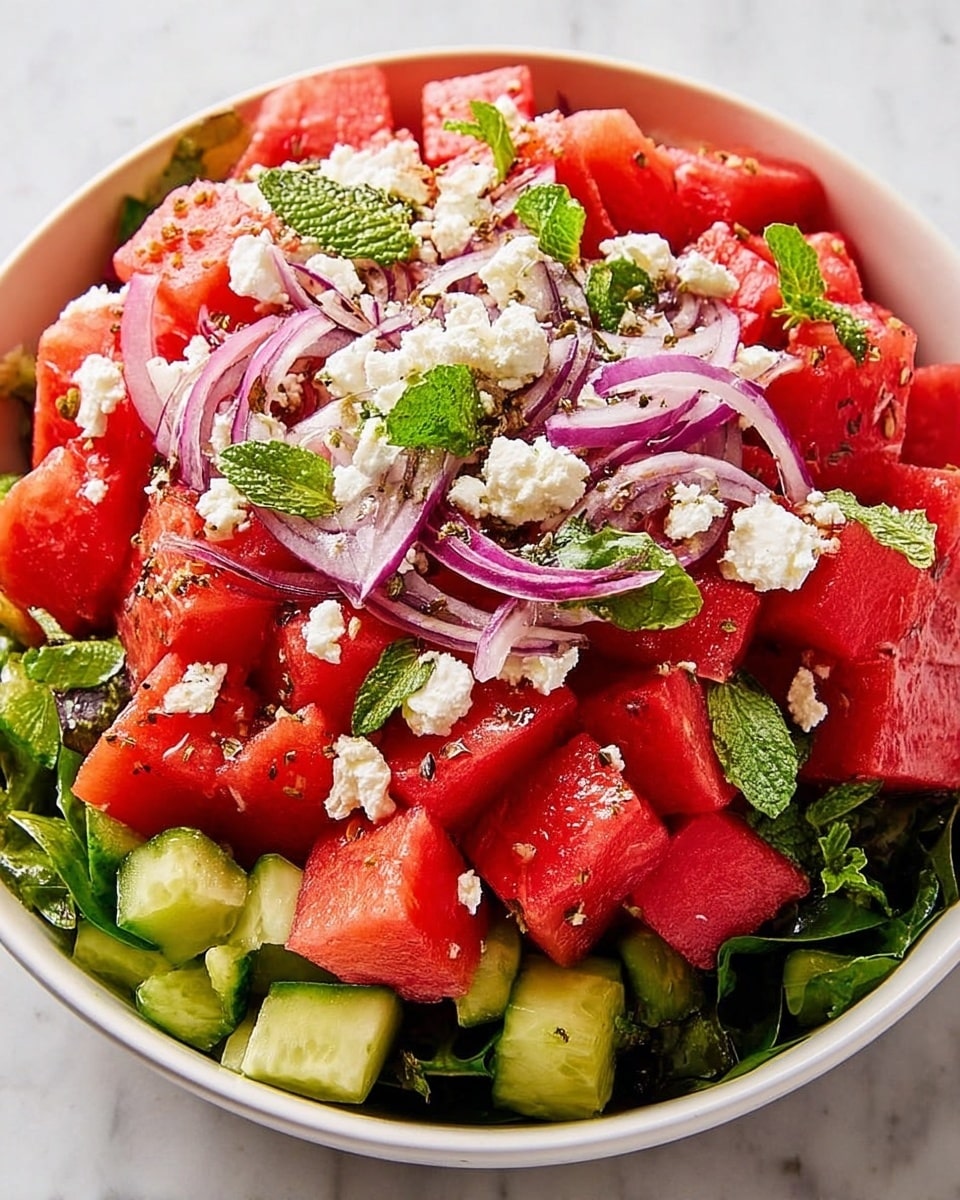A white bowl filled with a colorful watermelon salad showing three main layers: the bottom layer has bright green cucumber chunks and dark leafy greens, the middle layer is filled with large, juicy red watermelon cubes, and the top layer has thin, purple slices of red onion scattered with white crumbles of feta cheese and fresh green mint leaves, all resting on a white marbled surface. photo taken with an iphone --ar 4:5 --v 7