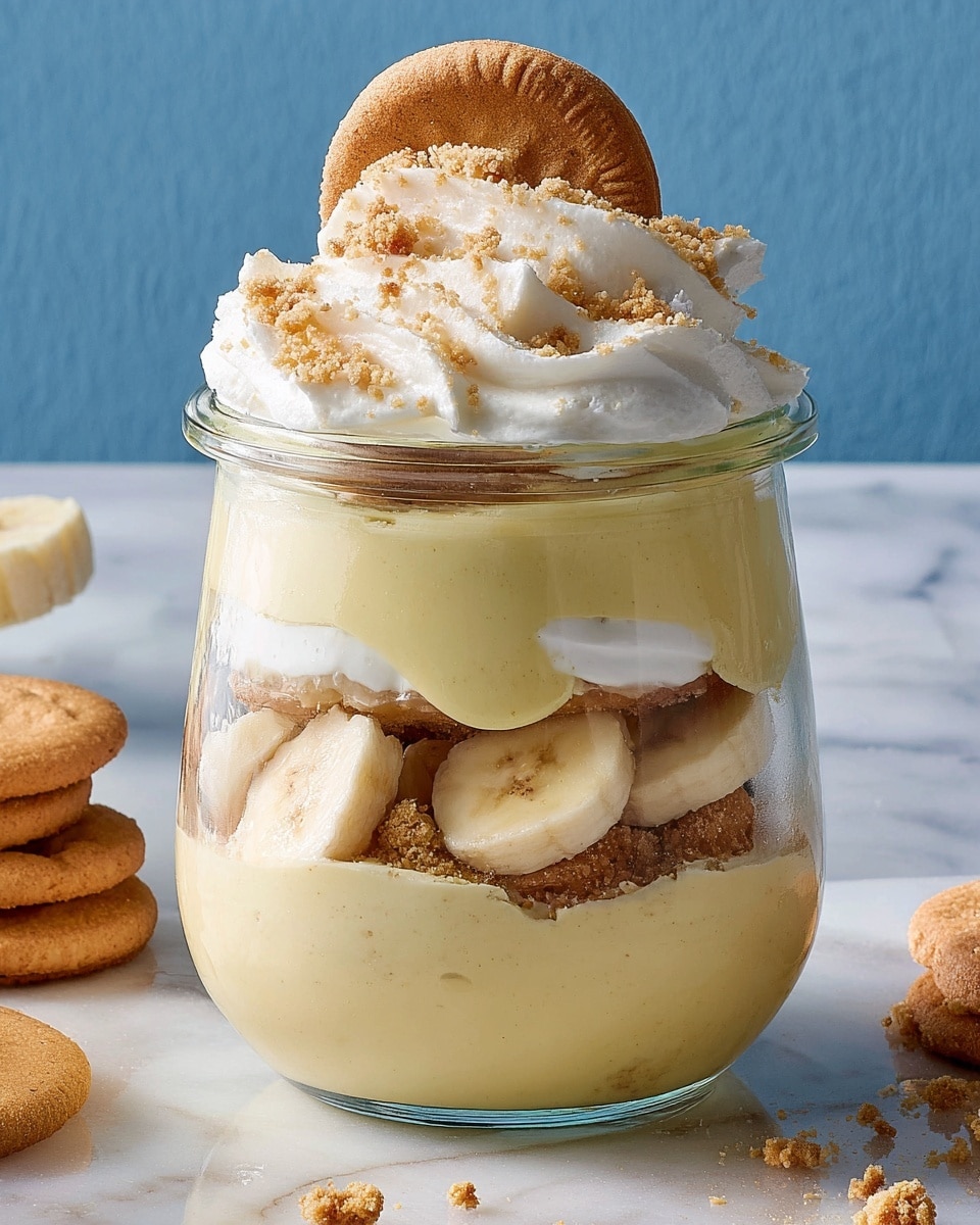 A clear glass jar holds a layered dessert with five main layers: the bottom layer is a smooth pale yellow pudding, followed by a layer of sliced bananas and crumbled light brown cookies. Above that is another thick pale yellow pudding layer, topped with more banana slices and cookie crumbles, then a final thick pudding layer. The top layer is white whipped cream with a round cookie and a banana slice standing upright in the middle, sprinkled with small cookie crumbs. The jar sits on a white marbled surface with scattered small cookies nearby, and the background is a soft blue color. photo taken with an iphone --ar 4:5 --v 7