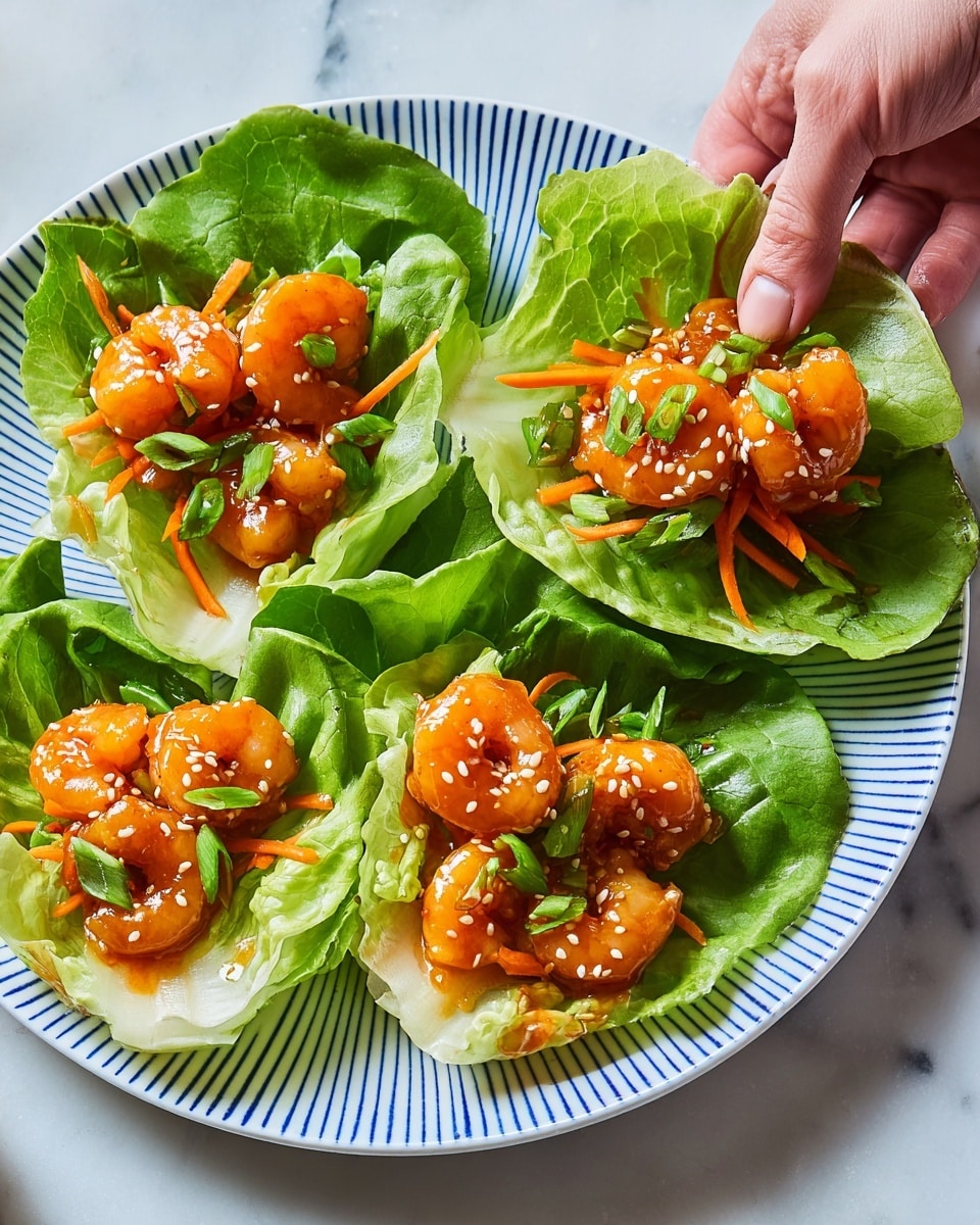 This image shows a white plate with blue stripes holding five lettuce cups. Each lettuce cup is bright green and holds three to four pieces of glossy, orange-glazed shrimp. The shrimp are layered on top of some thin orange carrot sticks and garnished with small white sesame seeds and chopped green onions. A woman's hand is holding one of the lettuce cups, lifting it slightly above the plate. The plate sits on a white marbled surface. photo taken with an iphone --ar 4:5 --v 7