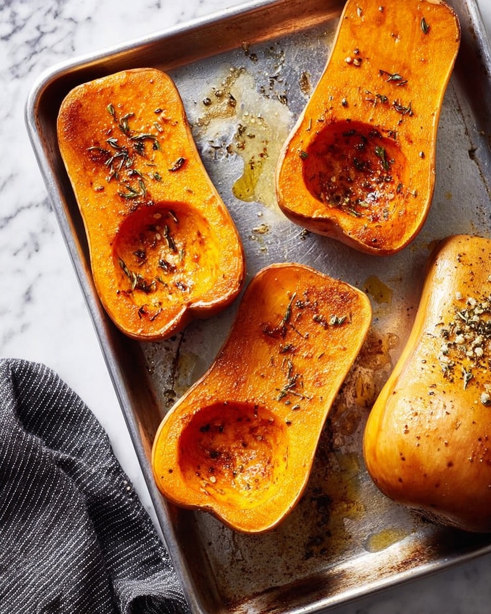 Four roasted butternut squash halves sit on a metal baking tray, three cut open showing bright orange flesh with a slightly wrinkled texture and blackened edges from roasting, sprinkled with small dark herbs and seasoning, and the fourth one is whole, featuring a golden-brown smooth skin with scattered black pepper and herbs. The tray has bits of roasted oil and seasoning around the squash halves. A white marbled surface is partially visible, with a folded dark grey striped cloth near the bottom edge. photo taken with an iphone --ar 4:5 --v 7