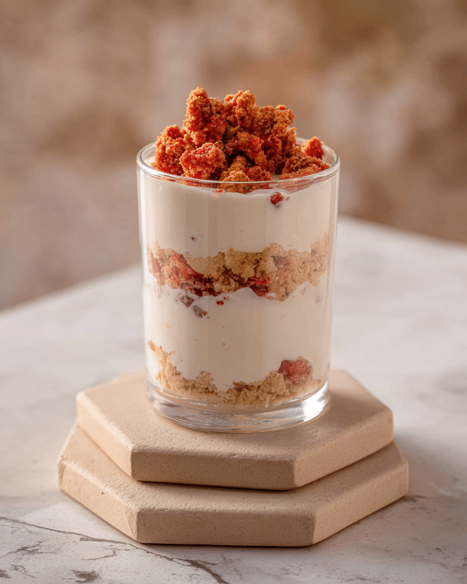 A clear glass filled with three layers: a thick white creamy layer at the bottom, followed by a middle layer of small light brown and red crumb pieces, then another thick white creamy layer above it, and topped with a mound of crumbly light brown and red clusters. The glass is placed on two stacked beige hexagonal coasters, set on a white marbled surface with a soft blurred background. photo taken with an iphone --ar 4:5 --v 7
