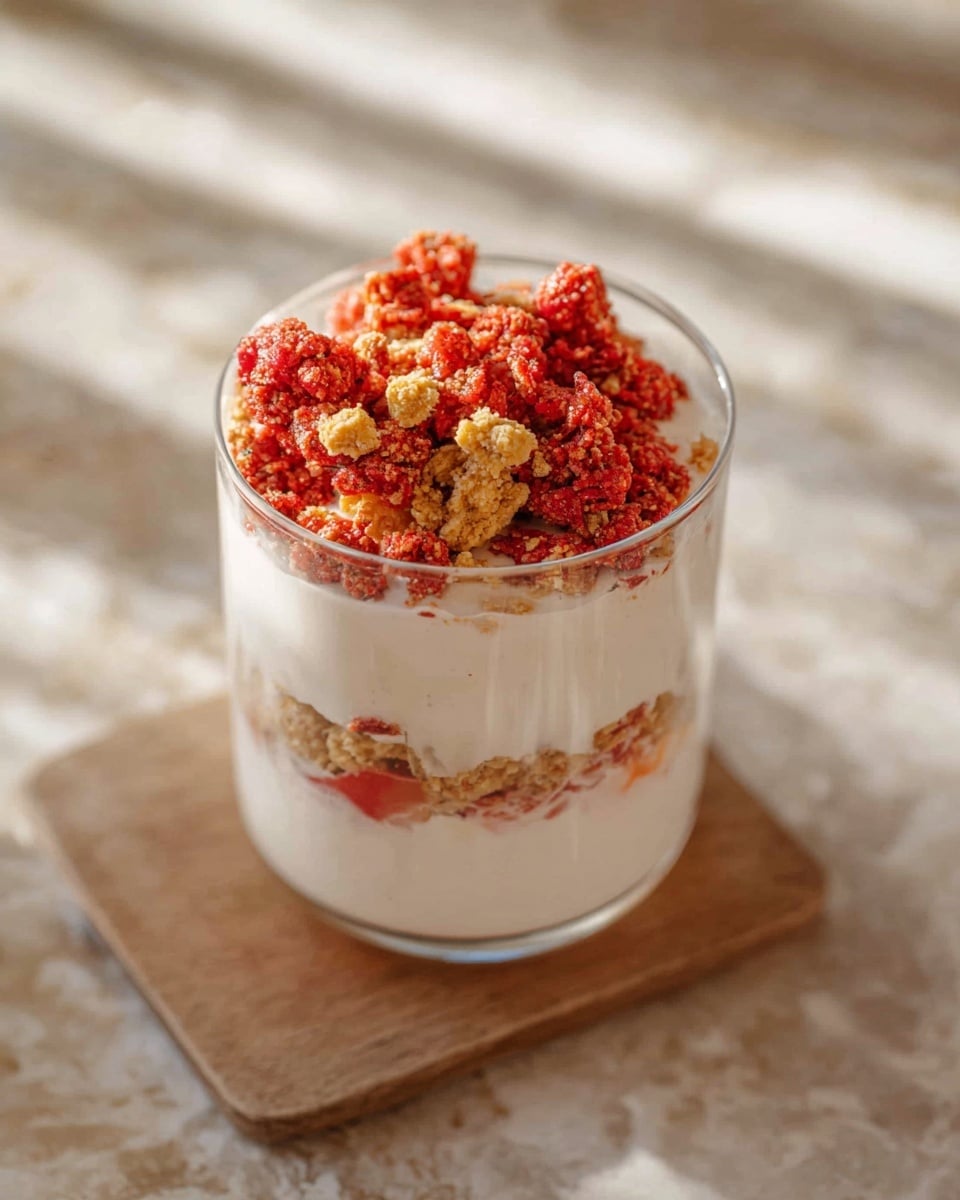 A clear glass filled with three layers: the bottom and middle layers are smooth, creamy white, likely yogurt or cream, separated by a thin light brown crumble layer. The top layer is thick with chunky, crumbly pieces of bright red and golden brown crumbs, adding a rough texture and vibrant color contrast against the creamy white base. The glass is set on a wooden coaster placed on a white marbled surface, softly lit with natural light. photo taken with an iphone --ar 4:5 --v 7