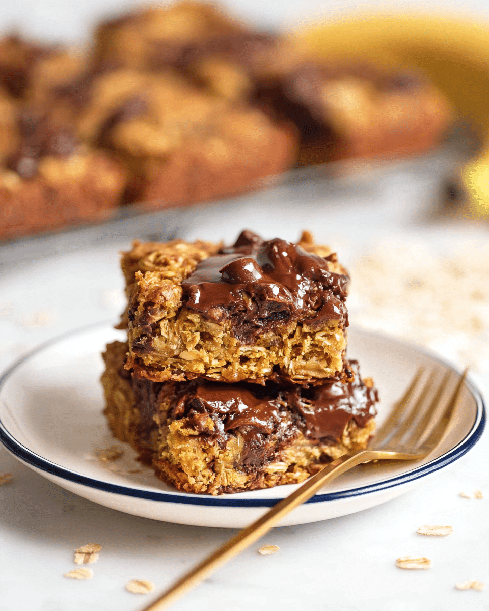 A close-up view of two thick, square oatmeal bars stacked on a white plate with a navy rim, showing a dense base layer of golden baked oats mixed with dark brown chocolate chips that are slightly melted and glossy on top. There is a golden-brown textured top layer with visible oats and melted chocolate spread unevenly, adding a gooey look. The plate sits on a smooth white marbled surface with scattered oat flakes around it and a blurred rack of more oatmeal bars in the background. A woman's hand holding a fork with a gold handle is partially visible next to the plate. Photo taken with an iphone --ar 4:5 --v 7