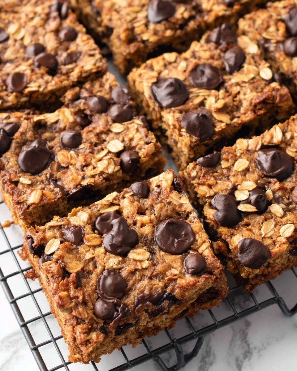 A close-up image of a square oat bar cut into nine pieces, resting on a black cooling rack over a white marbled surface. The bar has a moist, chunky texture with visible rolled oats and dark chocolate chips scattered generously on top and within the layers. The oat mixture is a golden-brown color with some darker baked spots, and the chocolate chips are glossy and slightly melted, giving a rich contrast to the oat layer. Small pieces inside the oat matrix add uneven roughness to the surface, and the whole bar looks soft and chewy. Photo taken with an iphone --ar 4:5 --v 7