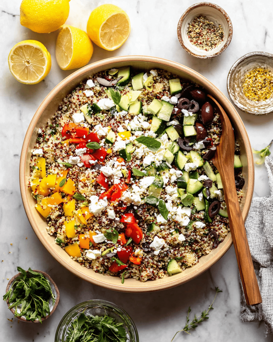 A large bowl filled with a colorful quinoa salad showing three main layers: a base layer of cooked white, red, and black quinoa grains mixed evenly, topped with bright chopped vegetables including green cucumber slices, red and yellow bell pepper pieces, and black olive halves, and finally sprinkled with crumbly white feta cheese and garnished with fresh green herb leaves on top. A wooden spoon rests inside the bowl, which sits on a white marbled surface surrounded by halved lemons, small bowls of seasoning, and a clear glass with fresh green herbs. Photo taken with an iphone --ar 4:5 --v 7