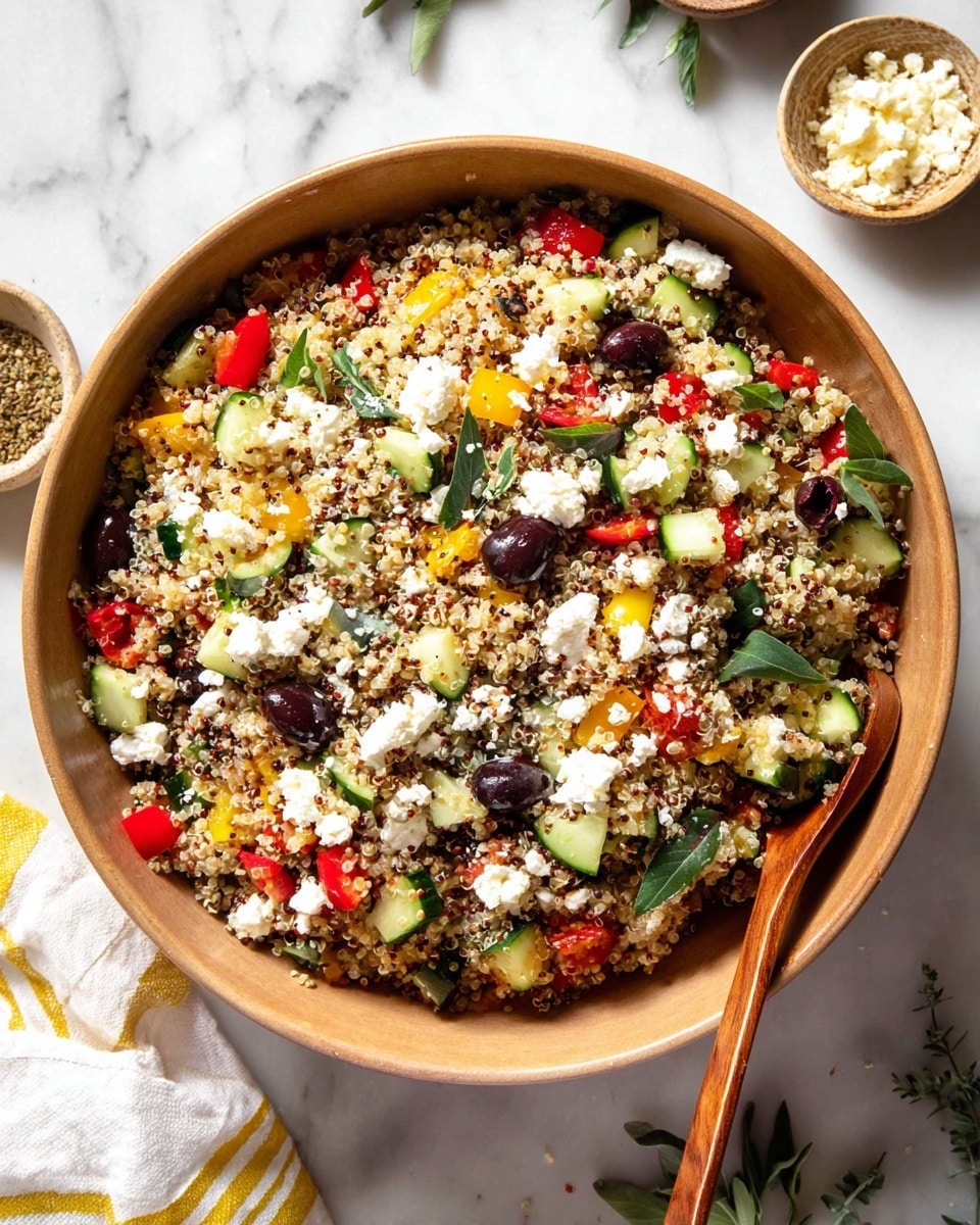 A large round light brown bowl is filled with a colorful quinoa salad showing many small layers: grains of cooked quinoa form the base, mixed with chopped cucumbers in green tones, diced red and yellow bell peppers, and sliced black olives scattered throughout. White crumbles of cheese are spread on top, along with fresh green herb leaves for garnish. A wooden serving spoon rests on the right side inside the bowl. The bowl sits on a white marbled surface, with a white cloth with yellow stripes in the top left corner, small bowls containing cheese and spices nearby, and some loose herb leaves on the surface. Photo taken with an iphone --ar 4:5 --v 7