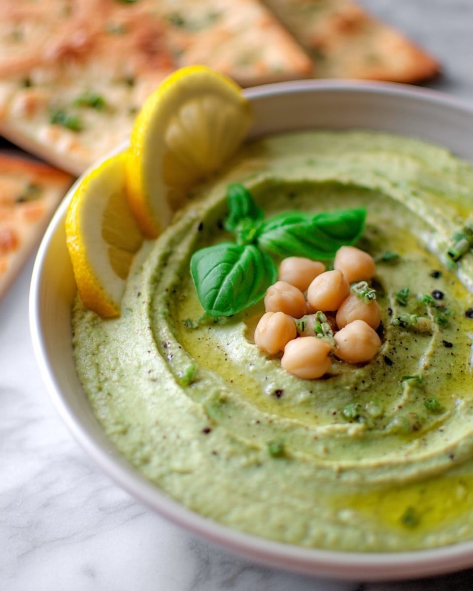 A close-up of a white bowl filled with creamy green hummus with a smooth, swirled texture and small black and green herbs mixed inside; the hummus is topped with several pale beige chickpeas clustered in the center, fresh bright green basil leaves, and thin lemon slices positioned on the edge of the hummus. In the background, blurred pieces of light golden pita bread sprinkled with herbs rest on a white marbled surface. Photo taken with an iphone --ar 4:5 --v 7