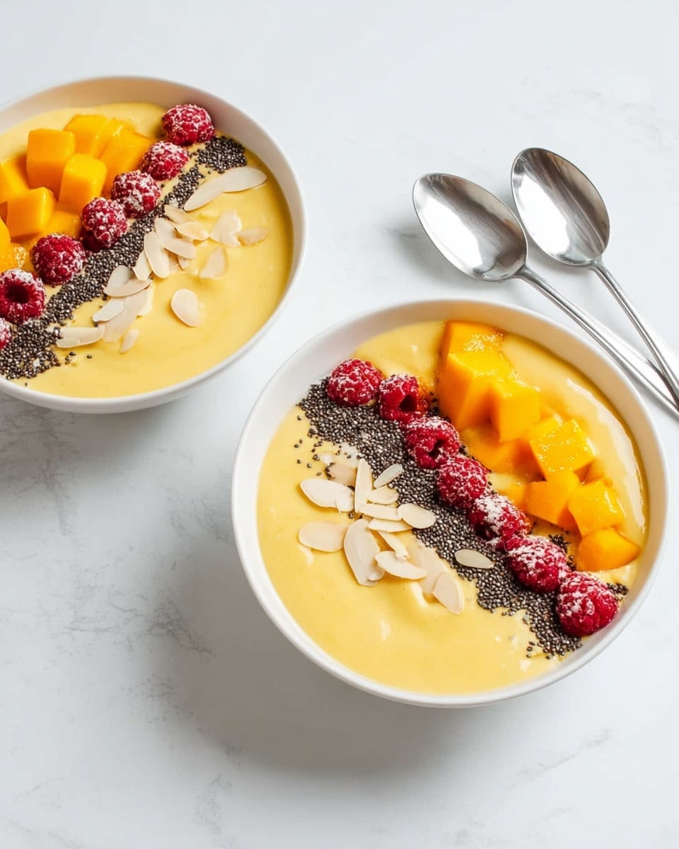 Two white bowls filled with a creamy, smooth yellow mango smoothie base. Each bowl is topped with a neat row of orange mango chunks on one side, next to a line of small red berries that look frozen, followed by a sprinkle of black chia seeds, and then thin, pale almond slices arranged in a line. The bowls are placed on a white marbled surface with two shiny silver spoons near the bottom right corner. The scene is bright and clean with soft natural light. Photo taken with an iphone --ar 4:5 --v 7