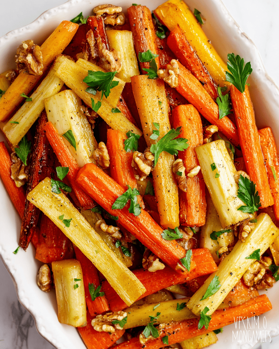 The image shows a white dish filled with roasted carrot and parsnip sticks that are cut into thick, uneven lengths. The carrots are bright orange, while the parsnips are pale yellow with a slightly browned, roasted texture. Mixed in are whole walnut pieces and scattered green parsley leaves. The vegetables glisten with a light coating of oil and are sprinkled with coarse salt and black pepper. The dish is placed on a white marbled surface. photo taken with an iphone --ar 4:5 --v 7