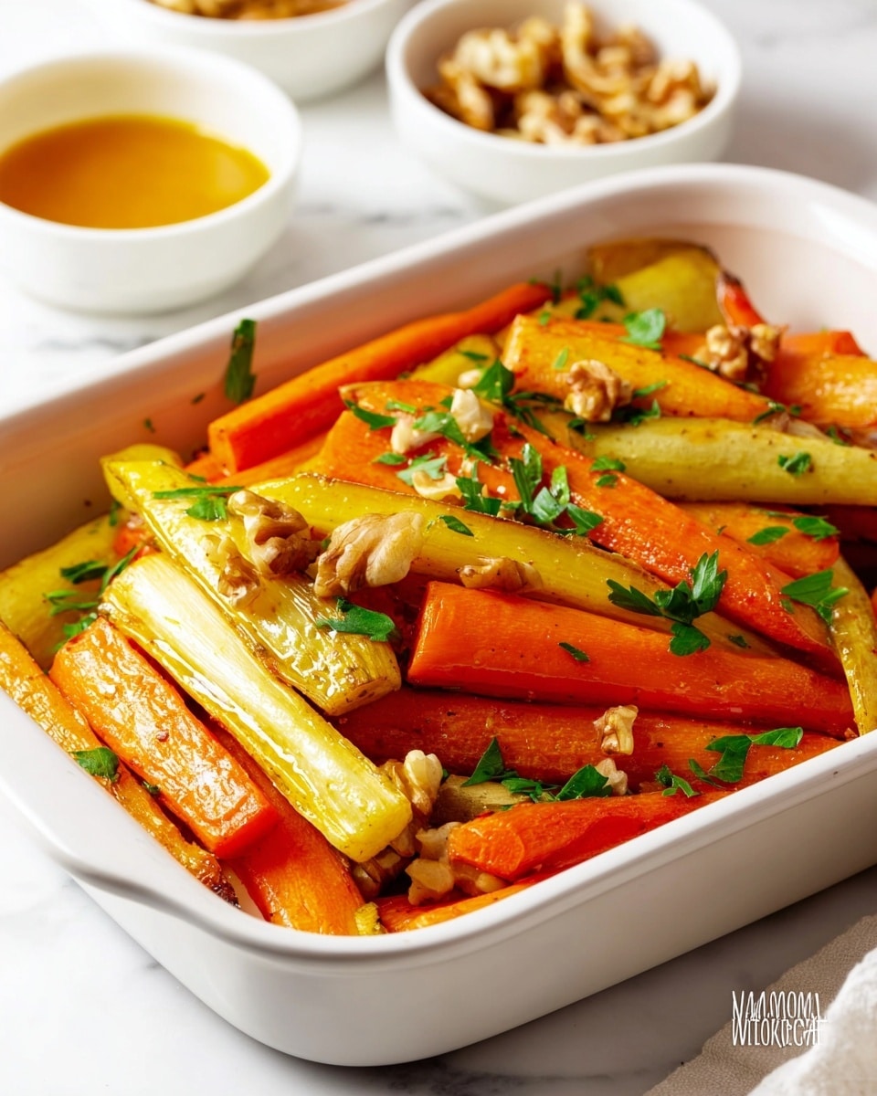 A white rectangular dish filled with roasted carrot and parsnip sticks arranged in a mixed pile showing orange and pale yellow colors with a slightly shiny, glazed texture. Small green herb leaves are scattered on top for freshness, and pieces of walnuts are spread throughout, adding a rough texture. In the blurred background, there are white bowls containing orange sauce and walnuts, all set on a white marbled surface. The overall look is warm and inviting, with bright natural lighting. photo taken with an iphone --ar 4:5 --v 7