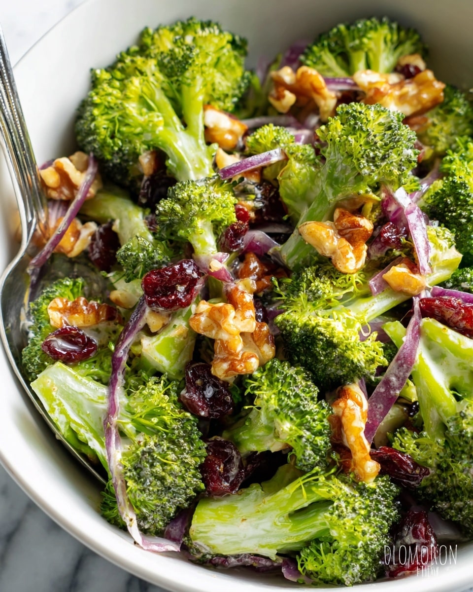 A close-up view of a fresh broccoli salad in a white bowl on a white marbled surface, showing three main layers: bright green broccoli florets with detailed texture, thin strips of purple-red onion scattered throughout, and chunks of walnut mixed with small pieces of dark red dried cranberries. The salad is lightly coated in a creamy dressing visible as whitish gloss on broccoli and nuts, with a silver spoon partially dipped inside. photo taken with an iphone --ar 4:5 --v 7