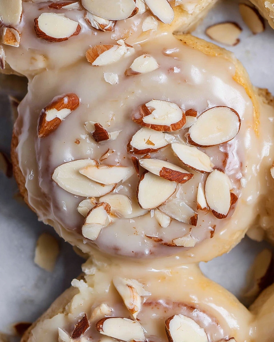 The image shows a close-up of soft cinnamon rolls covered with a thick creamy icing layer that is smooth and slightly glossy. On top, a generous amount of sliced almonds with light brown skins and pale interiors are scattered unevenly, adding texture and contrast. The rolls are light golden brown beneath the icing, visible where the glaze is thinner. The background is a white marbled texture. photo taken with an iphone --ar 4:5 --v 7