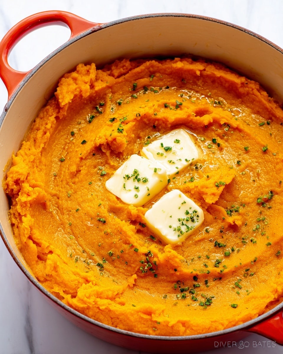 A bright orange mashed sweet potato dish in a white enamel pot with a red rim, showing a smooth, slightly chunky texture with visible small bits, topped by two thick, melting pale yellow pats of butter sitting near the center, sprinkled lightly with small pieces of chopped green herbs, all set against a white marbled surface. photo taken with an iphone --ar 4:5 --v 7
