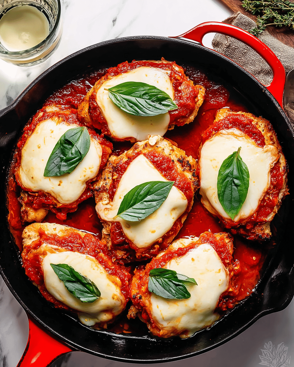 A black cast iron skillet holds five pieces of cooked chicken breasts, each topped with a layer of red tomato sauce. On top of the sauce, there is a layer of melted white cheese that covers most of the chicken surface, and each piece is garnished with a single fresh green leaf placed in the center. The skillet has a red handle visible on one side. The dish is set on a white marbled surface with a glass of water nearby. photo taken with an iphone --ar 4:5 --v 7