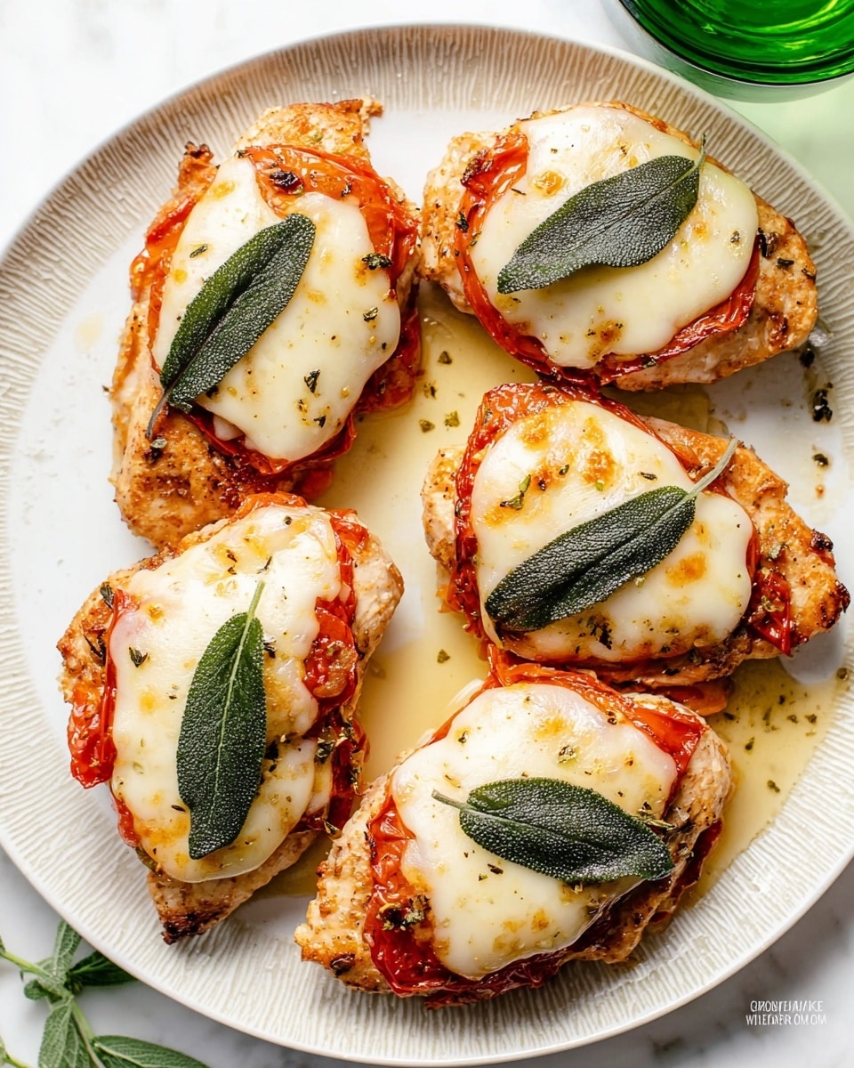 On a white plate with a subtle textured rim, there are six pieces of cooked chicken breasts arranged closely together. Each chicken piece has a golden brown, slightly crispy base layer, topped with a thin layer of bright red tomato or pepper, covered by a smooth, melted white cheese layer that slightly drapes over the sides. On top of the cheese, each chicken piece is garnished with a single fresh sage leaf, deep green in color with noticeable veins. The plate rests on a white marbled surface, and there is a green glass partially visible on the top right corner. Some light golden oily residue with small herb bits is scattered around the chicken on the plate. photo taken with an iphone --ar 4:5 --v 7