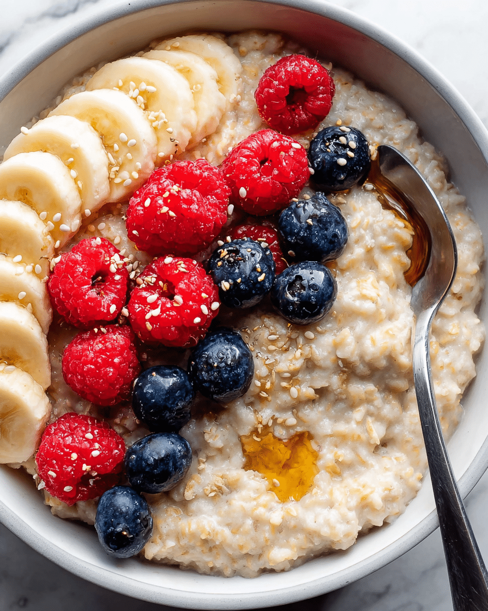 A close-up view of a creamy oatmeal base filling a white bowl, with a thick and slightly lumpy texture in a light beige color. On top, there is a neat row of banana slices on the left, showing pale yellow with soft edges. In the middle and right side, bright red raspberries and deep blue blueberries are scattered, adding fresh, juicy textures. Small seeds are sprinkled over the fruit and oatmeal, with a drizzle of golden honey adding a shiny, sticky look, mostly near the spoon resting on the right side of the bowl. The scene is set on a white marbled surface. photo taken with an iphone --ar 4:5 --v 7