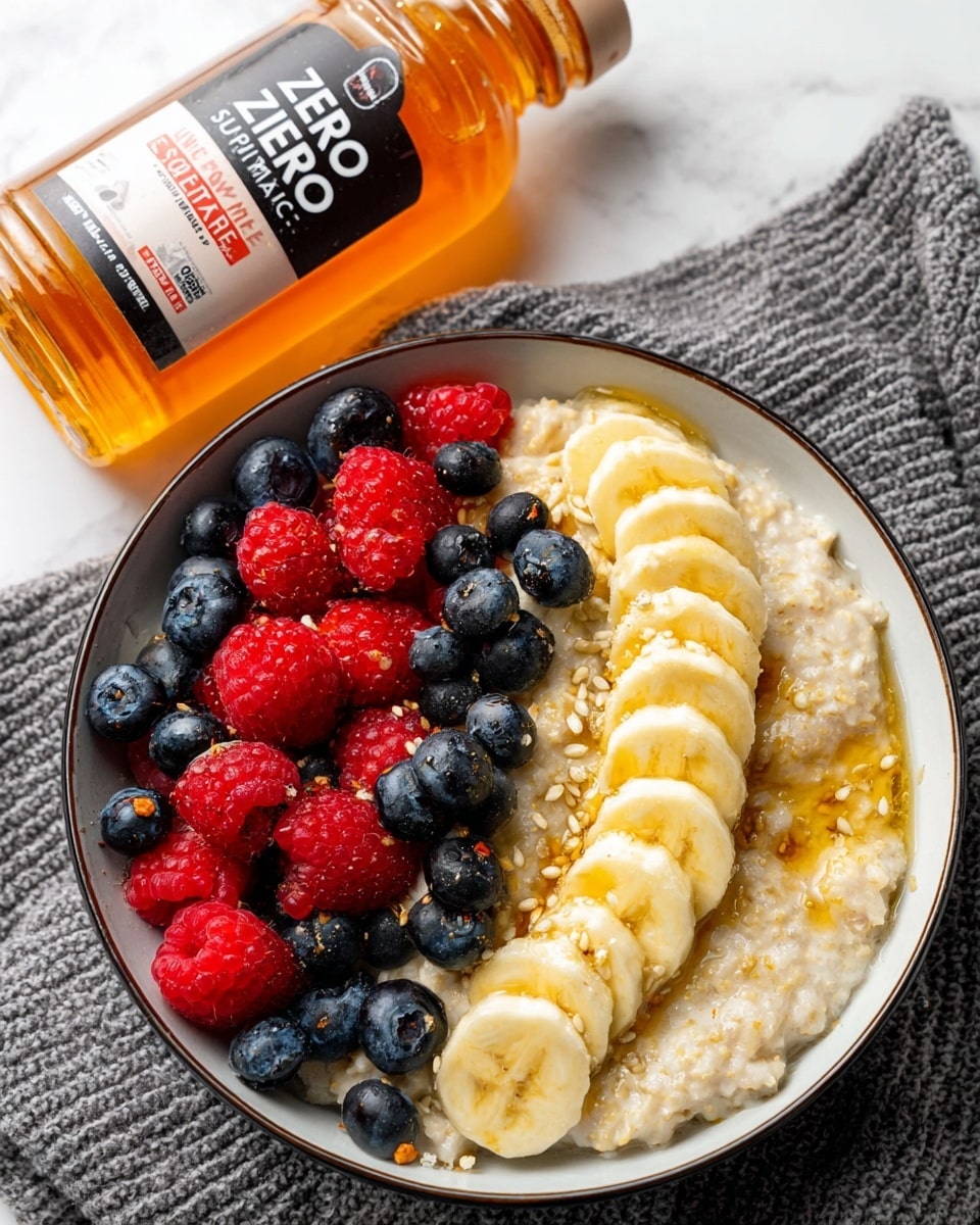 A close-up image of a bowl filled with creamy oatmeal topped with two rows of fresh fruits: a neat row of light yellow banana slices on the right and a pile of bright red raspberries mixed with dark blue blueberries on the left center. The oatmeal looks soft and slightly textured, drizzled with a golden syrup and sprinkled lightly with small beige seeds. The bowl is white with a dark rim and sits on a white marbled surface, next to a clear orange-colored bottle labeled