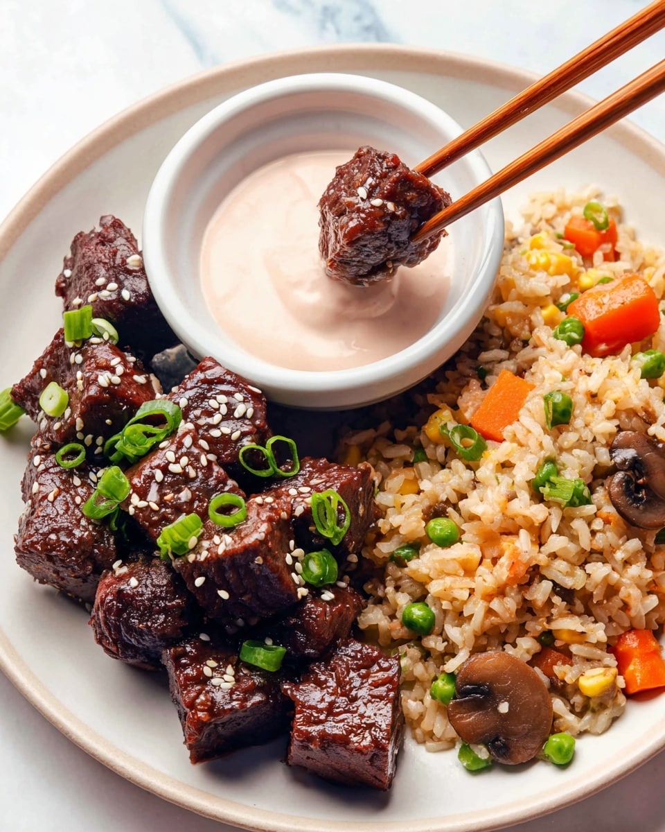 A white plate on a white marbled texture holds three distinct sections: on the left, dark brown, glossy beef cubes sprinkled with white sesame seeds and topped with sliced green onions; in the center, a small white bowl filled with light pink creamy sauce, with one beef cube dipped halfway into the sauce, held by wooden chopsticks; on the right, a colorful fried rice mix containing light brown rice, green peas, diced orange carrots, and small green onion slices, with a few sautéed brown mushrooms and vegetables mixed in. photo taken with an iphone --ar 4:5 --v 7
