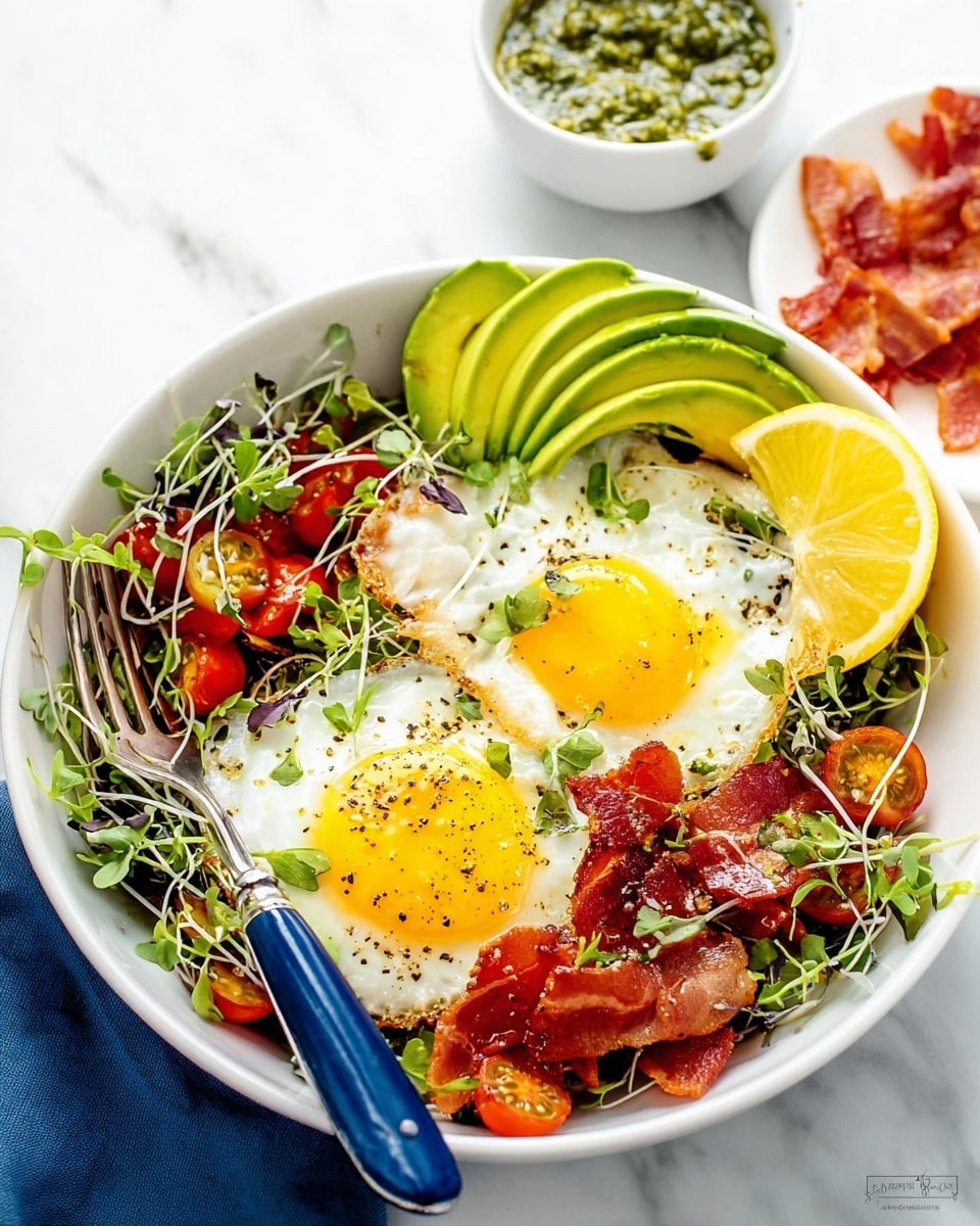 A white bowl filled with two sunny-side-up fried eggs, each with bright yellow yolks and white edges, rests on a bed of mixed microgreens and halved cherry tomatoes in red and green hues. On the right side of the eggs, there are thin slices of ripe avocado in light green, fanned out neatly. Bright yellow lemon wedges sit on the right and bottom edges of the bowl. Small pieces of crispy bacon are scattered throughout the bowl, adding a reddish-brown color contrast. A blue-handled fork is resting on the left side of the bowl, partially under the eggs. The bowl is placed on a white marbled surface with a small bowl of green pesto and a white plate with extra bacon pieces visible in the background. photo taken with an iphone --ar 4:5 --v 7