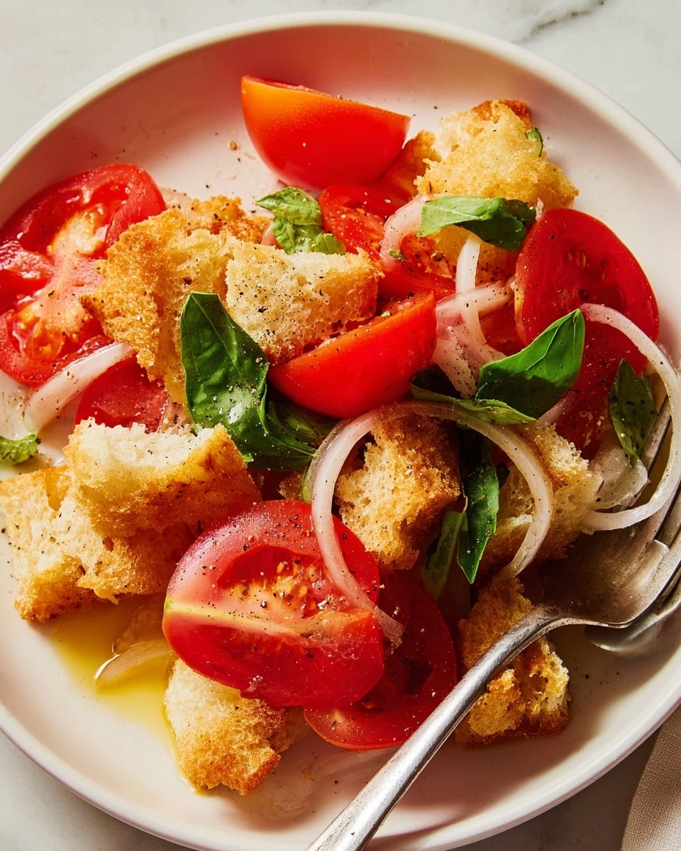 This image shows a simple salad on a white plate placed on a white marbled surface. The salad has two main layers: the bottom layer of light brown toasted bread chunks with a crispy texture, and the top layer of bright red tomato wedges mixed with small green basil leaves and thin slices of white onion. The salad is lightly sprinkled with black pepper and sea salt, and some oil drizzle is visible, giving a slight shine. A silver fork rests on the plate's right side, partially in the salad. Photo taken with an iphone --ar 4:5 --v 7