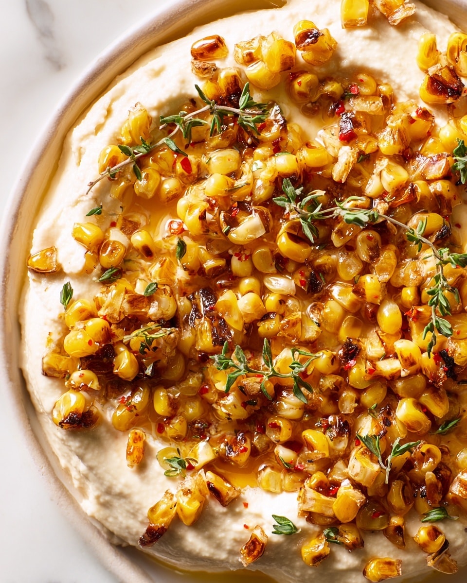 The dish shows one main layer of creamy white hummus spread thickly on a surface, topped generously with a layer of bright golden roasted corn kernels that have a light brown char in spots, giving a crispy texture. Scattered on top of the corn are small green sprigs of fresh thyme and a few flakes of red chili pepper, adding bursts of color and contrast to the creamy and toasted elements. The dish is presented against a white marbled texture that enhances the warm yellows and whites in the food. photo taken with an iphone --ar 4:5 --v 7