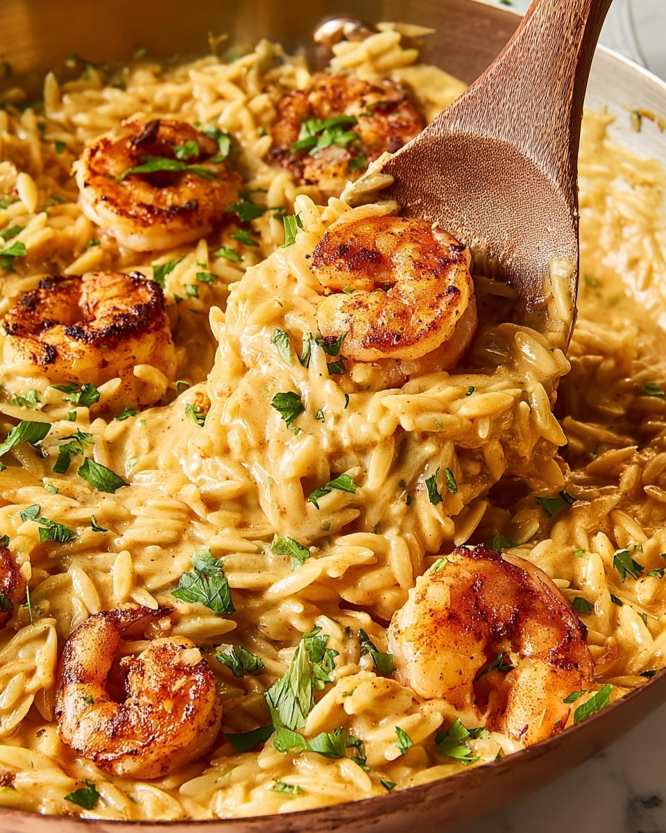 The image shows a pan with a creamy shrimp and orzo dish. The bottom layer is a light golden creamy sauce mixed with small, rice-shaped orzo pasta. On top, there are several browned, slightly charred shrimp with a reddish-orange color. Small green parsley leaves are scattered over the dish, adding a fresh contrast to the creamy and warm tones. A wooden spoon is lifting a portion of the dish, showing the sauce-coated pasta and two shrimp, with a white marbled surface in the background. Photo taken with an iphone --ar 4:5 --v 7