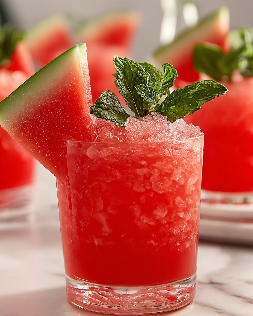 The image shows a close-up of a clear glass filled with bright red crushed ice drink. On top of the crushed ice sits a fresh green mint sprig with visible veins and texture. A large triangular slice of watermelon with red flesh and green rind is placed on the rim of the glass. The background has more glasses filled with the same red drink and watermelon slices, all set on a white marbled surface with soft lighting. Photo taken with an iphone --ar 4:5 --v 7