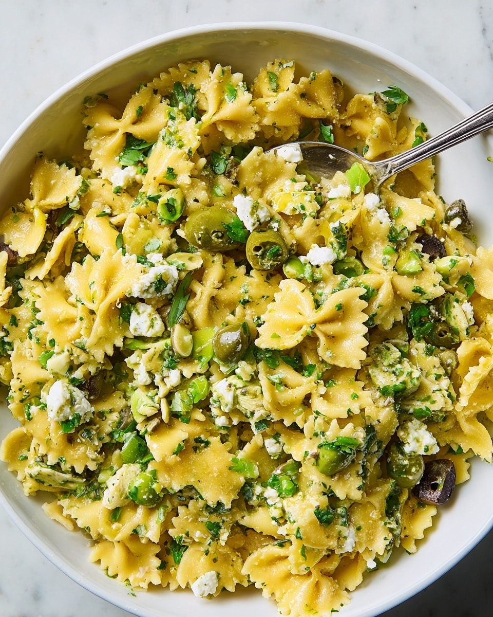 The image shows a bowl filled with pasta made of yellow, ruffled triangle shapes mixed with chopped green olives and small pieces of white cheese. There are green herb bits sprinkled evenly throughout the pasta, adding small pops of color. A silver spoon is placed in the bowl, partially scooping the pasta mix. The bowl is white and set on a white marbled textured surface. Photo taken with an iphone --ar 4:5 --v 7